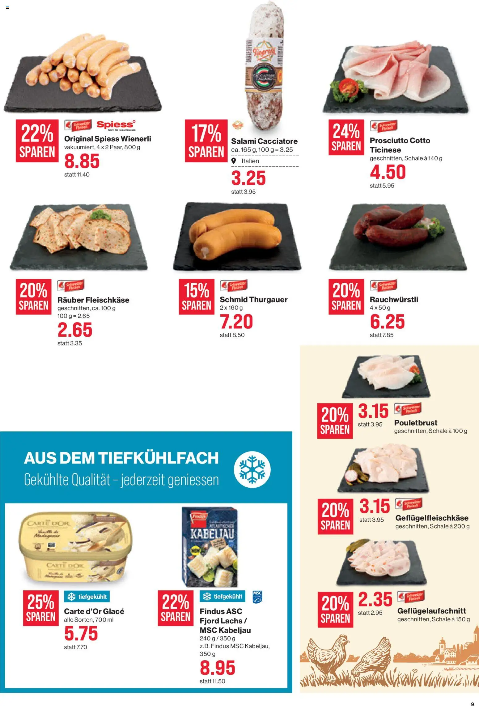 SPAR Aktionen – gültig ab 13.11.2025 | Seite: 9 | Produkte: Pouletbrust, Glace, Salami, Wurst
