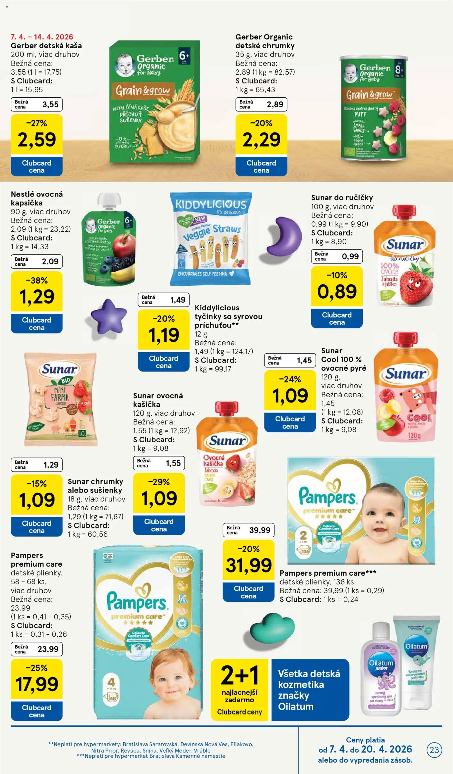 Nové Tesco akcie – leták je platný od 08.04.2026 | Strana: 23 | Produkty: Sunar, Sprchový gél, Plienky, Pampers