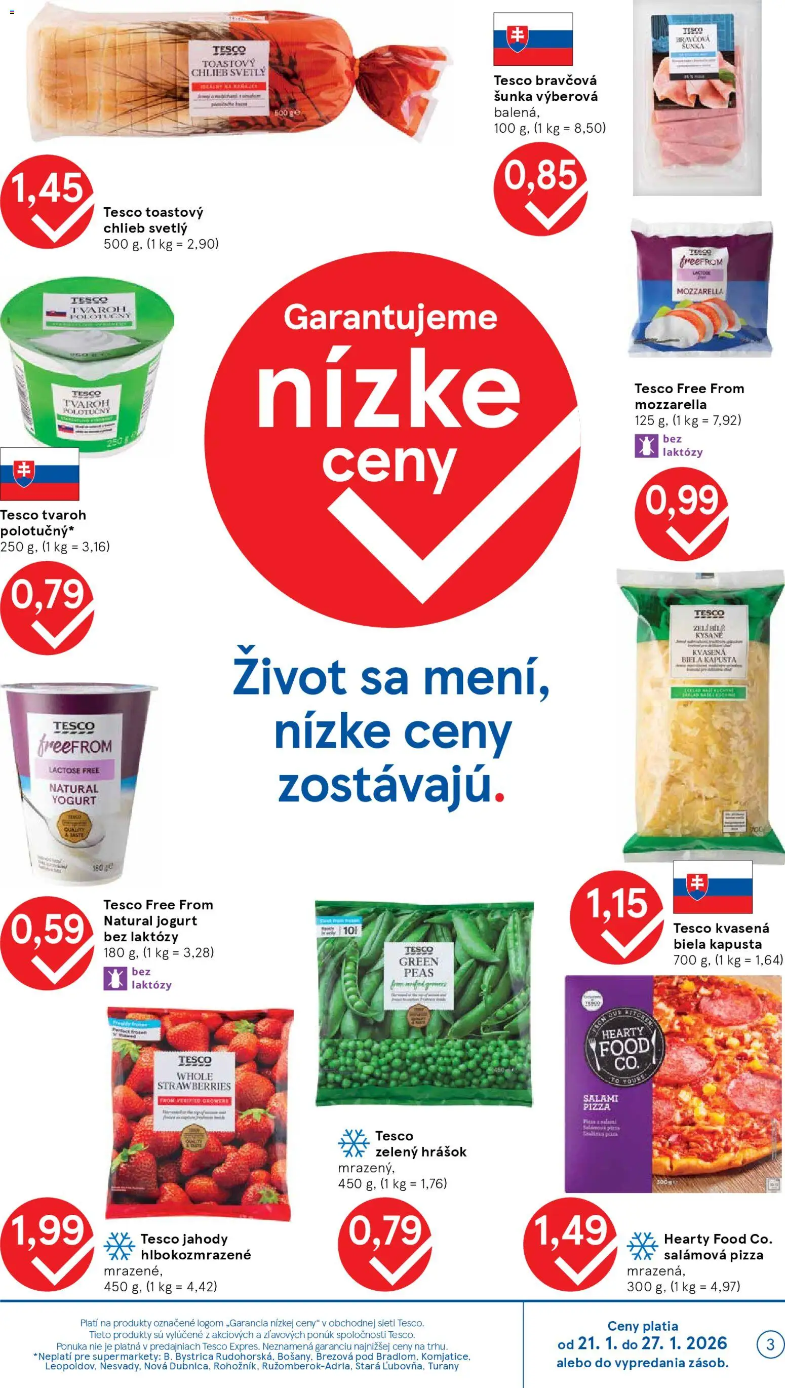Nové Tesco akcie – leták je platný od 21.01.2026 | Strana: 3 | Produkty: Kapusta, Pizza, Hrášok, Tvaroh