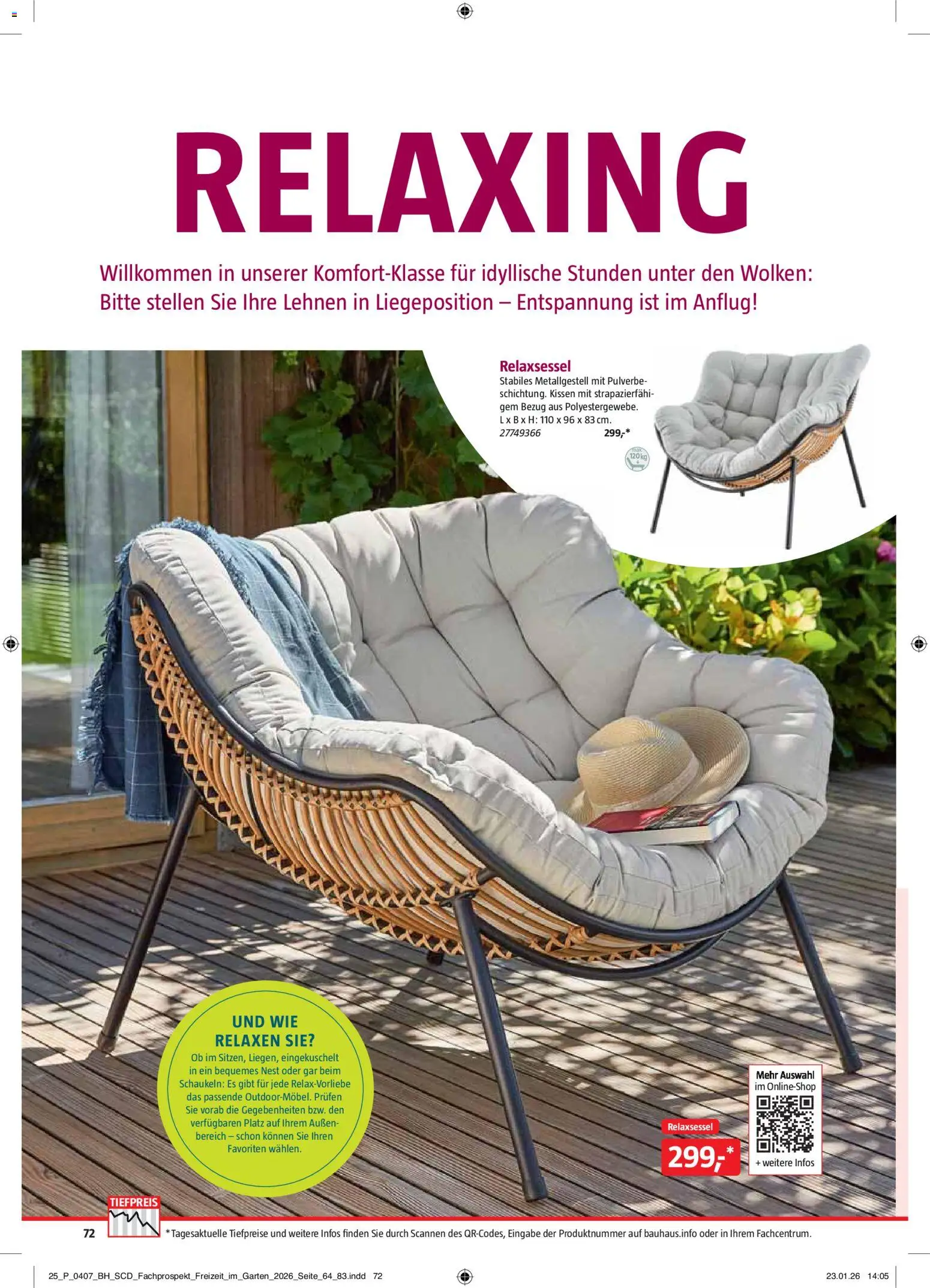 Bauhaus Freizeit im Garten – gültig ab 02.03.2026 | Seite: 72 | Produkte: Relaxsessel, Kissen
