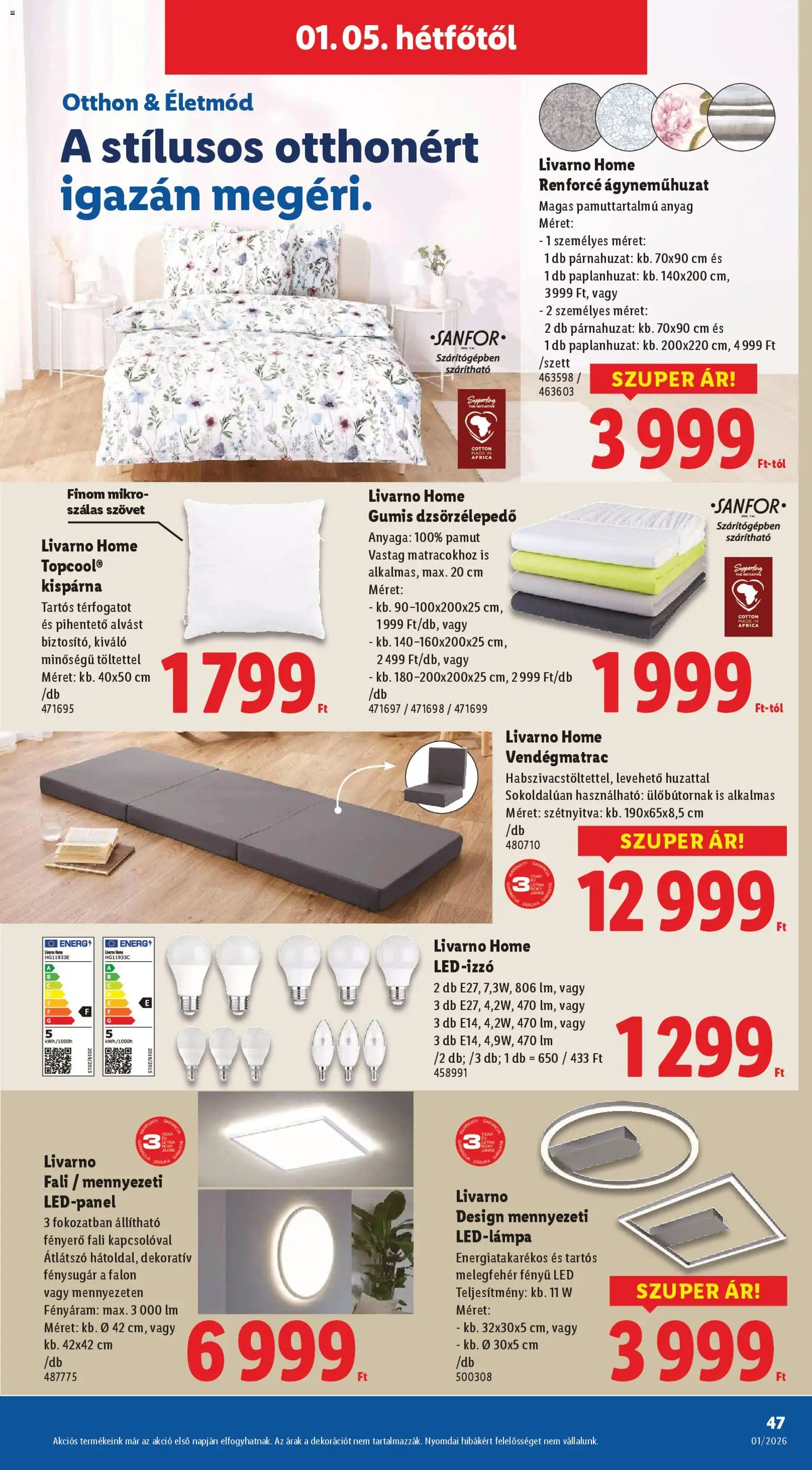 Lidl akciós ujság - amely érvényes a következő dátumtól: 02.01.2026 | Oldal: 47 | Termékek: Led-izzó, Párnahuzat, Ágyneműhuzat