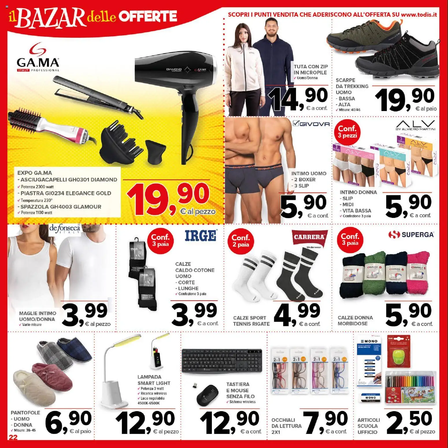 Volantino Todis del 08.01.2026 | Pagina: 22 | Prodotti: Intimo, Mouse, Asciugacapelli, Lampada