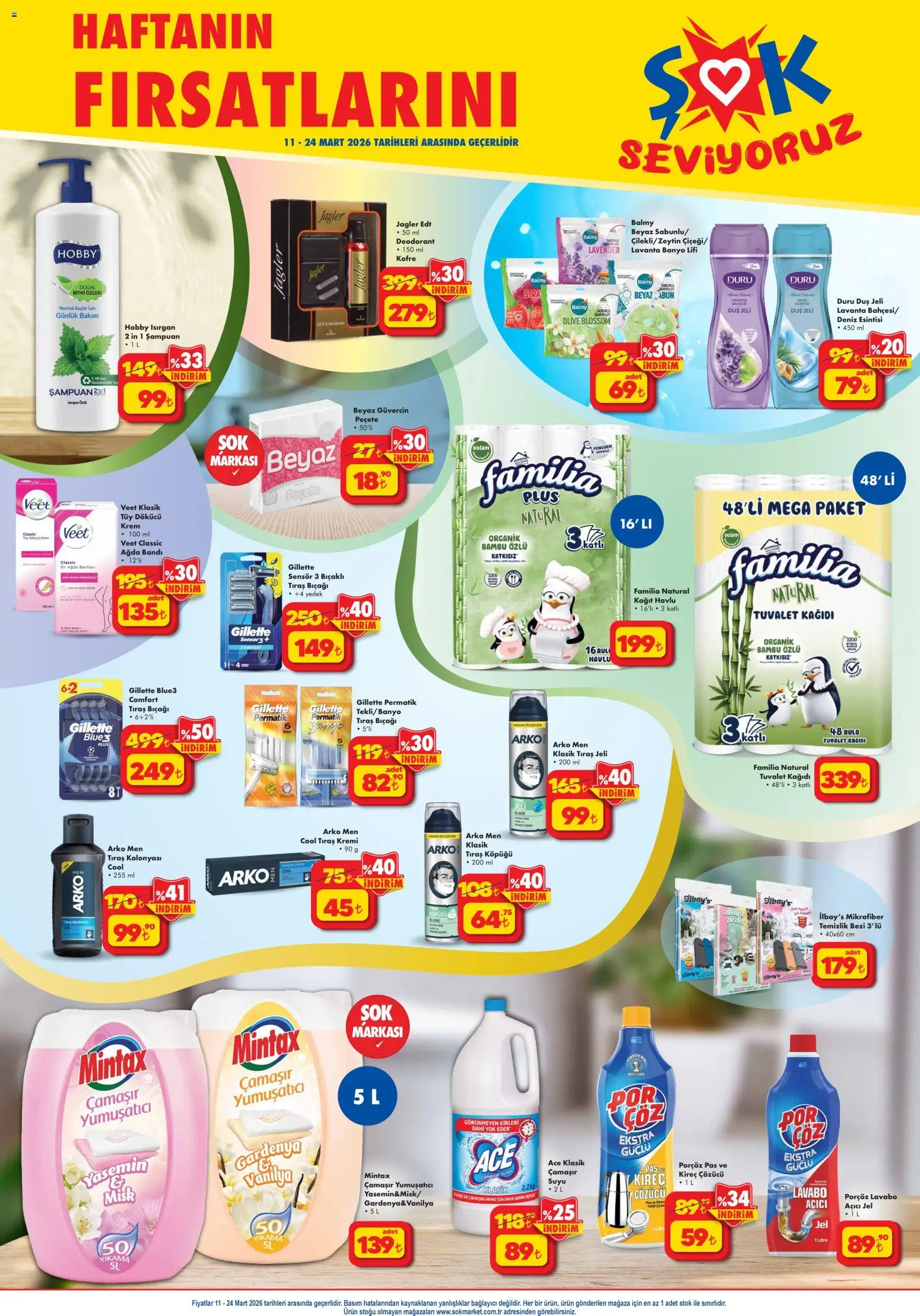 Şok Market Katalog - 11.03.2026 tarihinden itibaren geçerlidir | Sayfa: 1 | Ürünler: Deodorant, Yumuşatıcı, Lavabo açıcı, Bağlayıcı