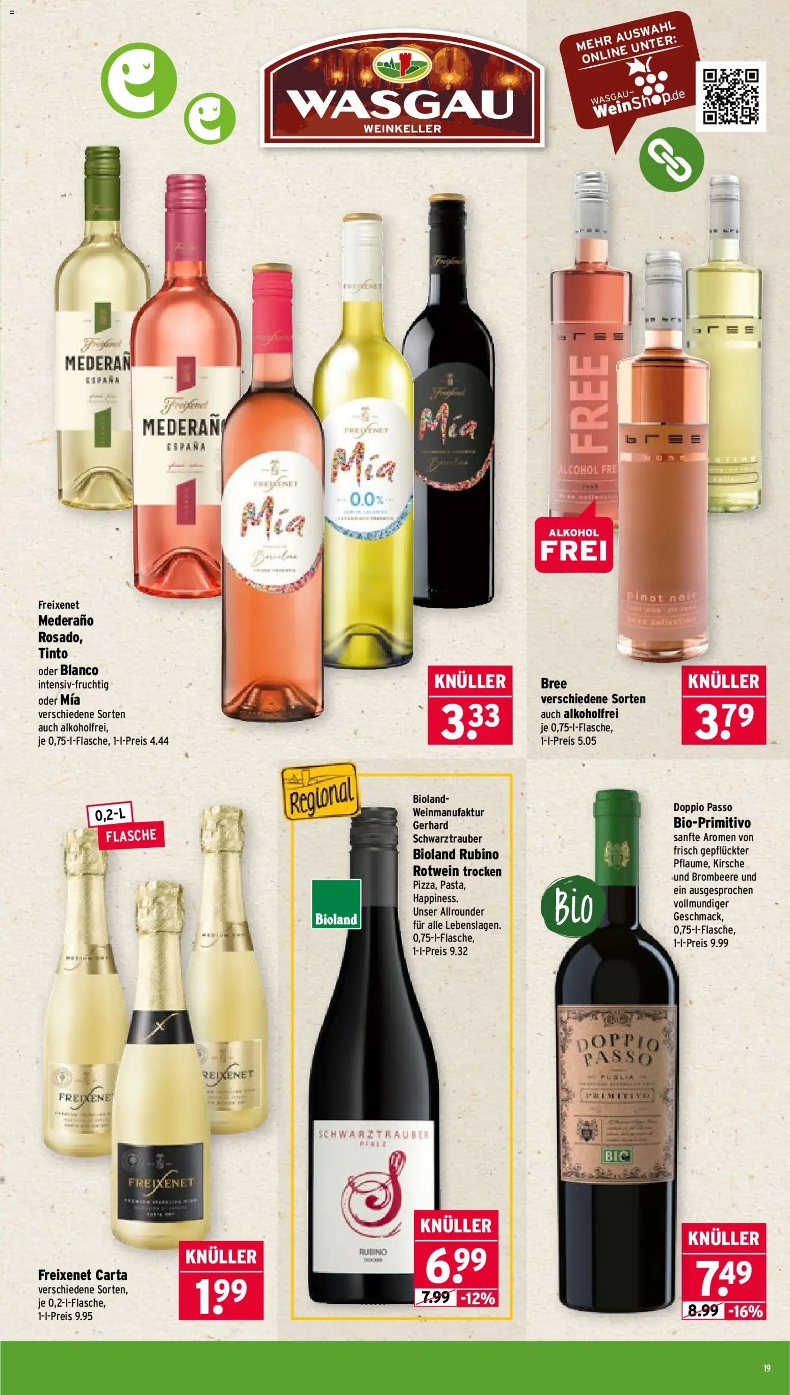 Wasgau Prospekt 	 – gültig ab 16.03.2026 | Seite: 19 | Produkte: Rotwein trocken, Bree, Doppio Passo, Pasta