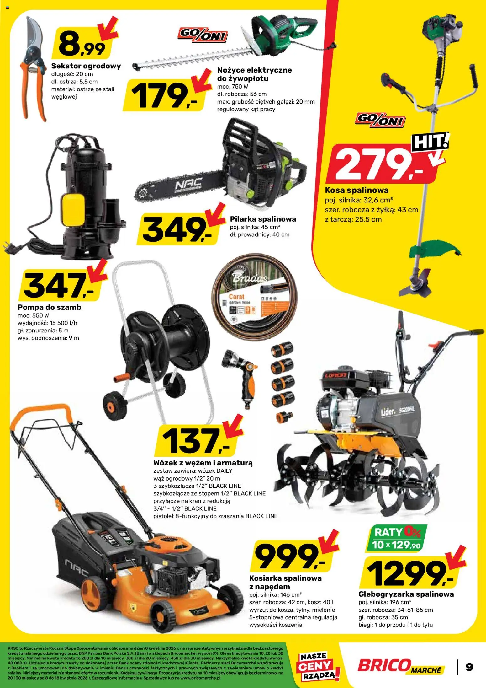 Brico Marché gazetka od 08.04.2026 | Strona: 9 | Produkty: Wąż ogrodowy, Sekator, Kosiarka, Kosz