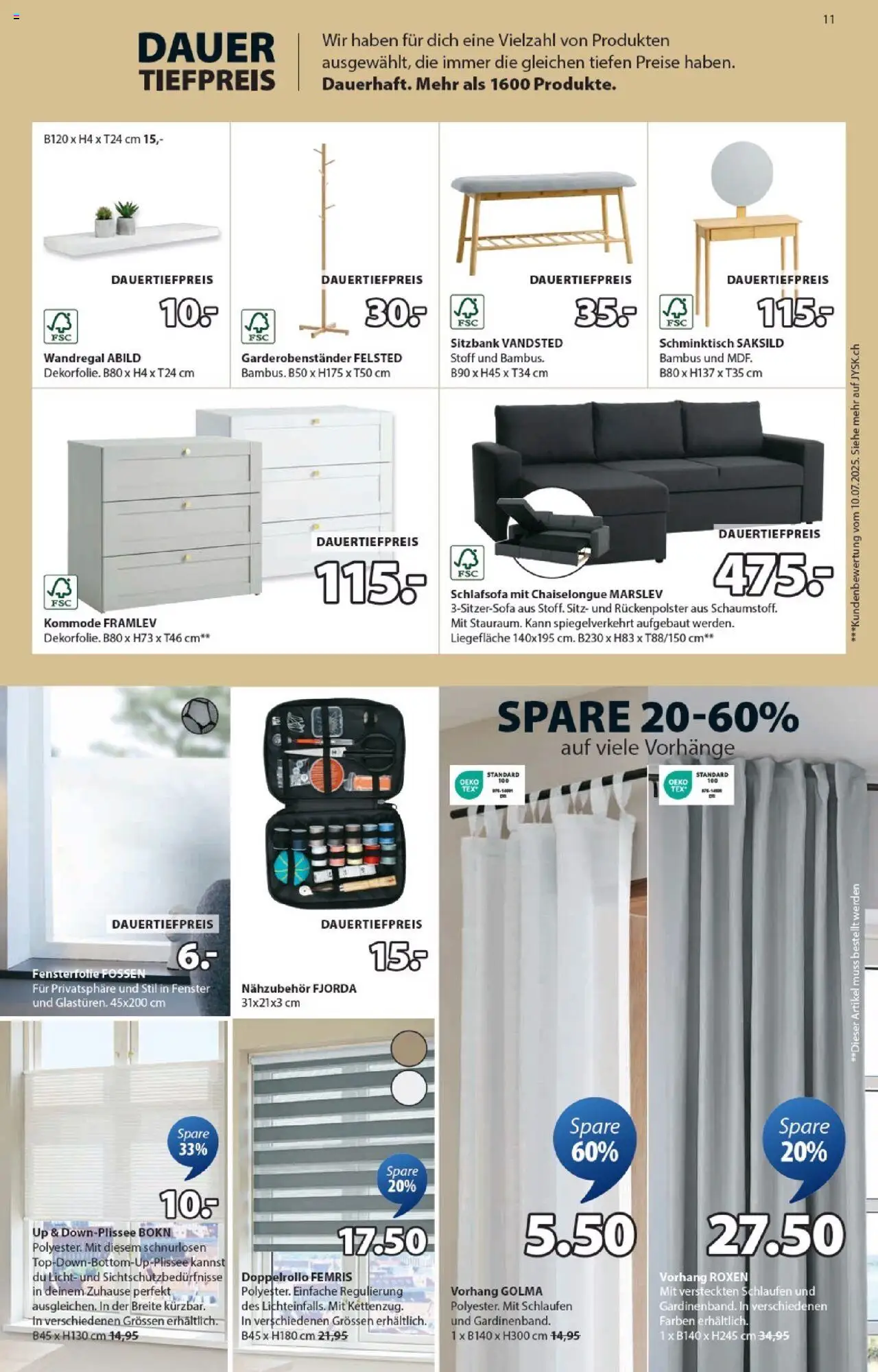 JYSK Aktionen – gültig ab 07.10.2025 | Seite: 11 | Produkte: Kommode, Schlafsofa, Wandregal, Vorhang