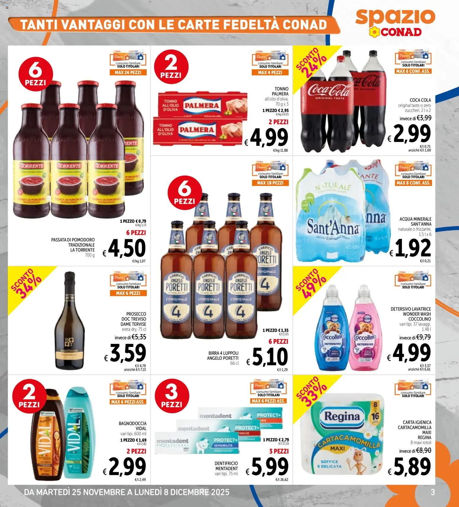 Volantino Spazio Conad del 25.11.2025 | Pagina: 3 | Prodotti: Prosecco, Lavatrice, Acqua minerale, Coca Cola