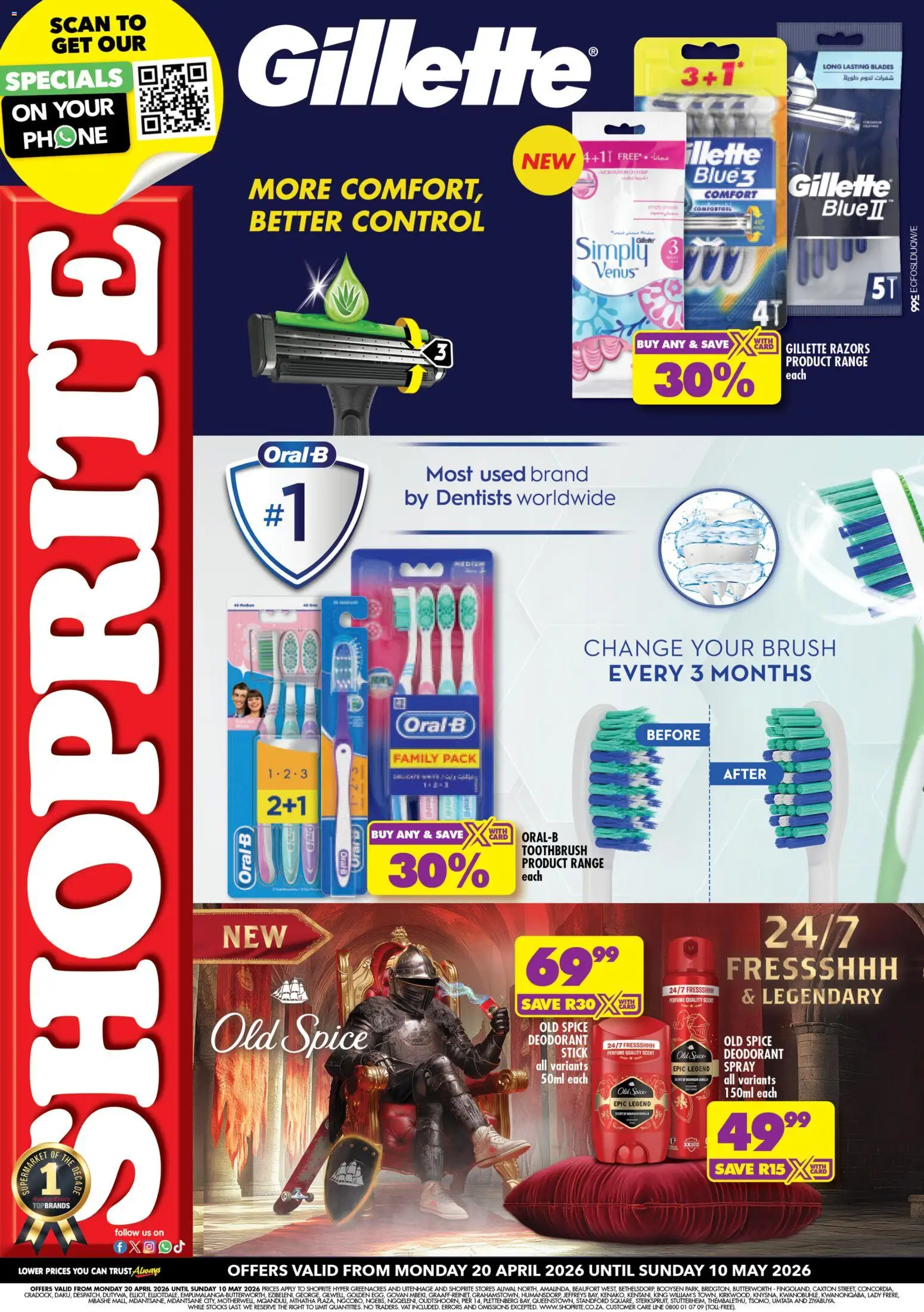 New Shoprite catalogue – valid from 20.04.2026 | Page: 1 | Products: Phone, Brush, Razors, Toothbrush
