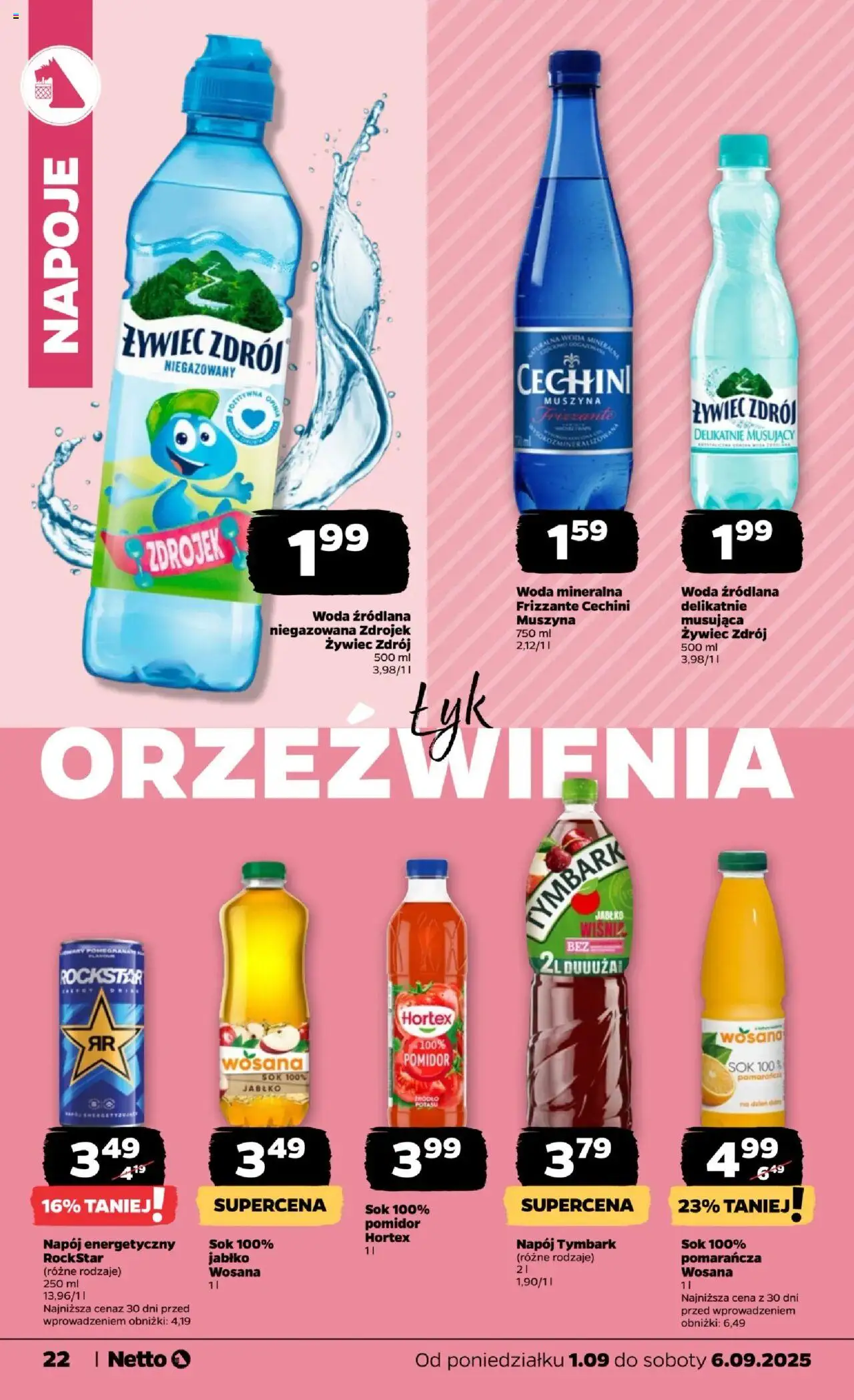Netto gazetka - Spożywcza od 01.09.2025 | Strona: 22 | Produkty: Napoje, Cechini muszyna, Sok, Woda