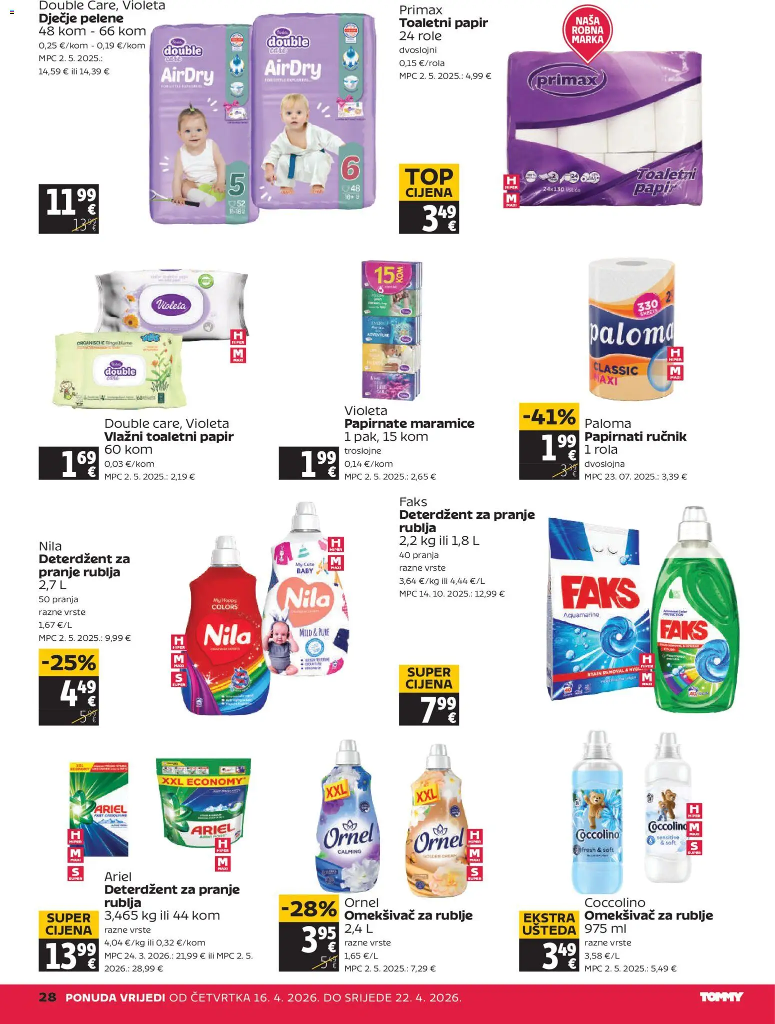 Tommy katalog | vrijedi od 16.04.2026 | Stranica: 28 | Proizvodi: Omekšivač, Deterdžent, Toaletni papir, Violeta