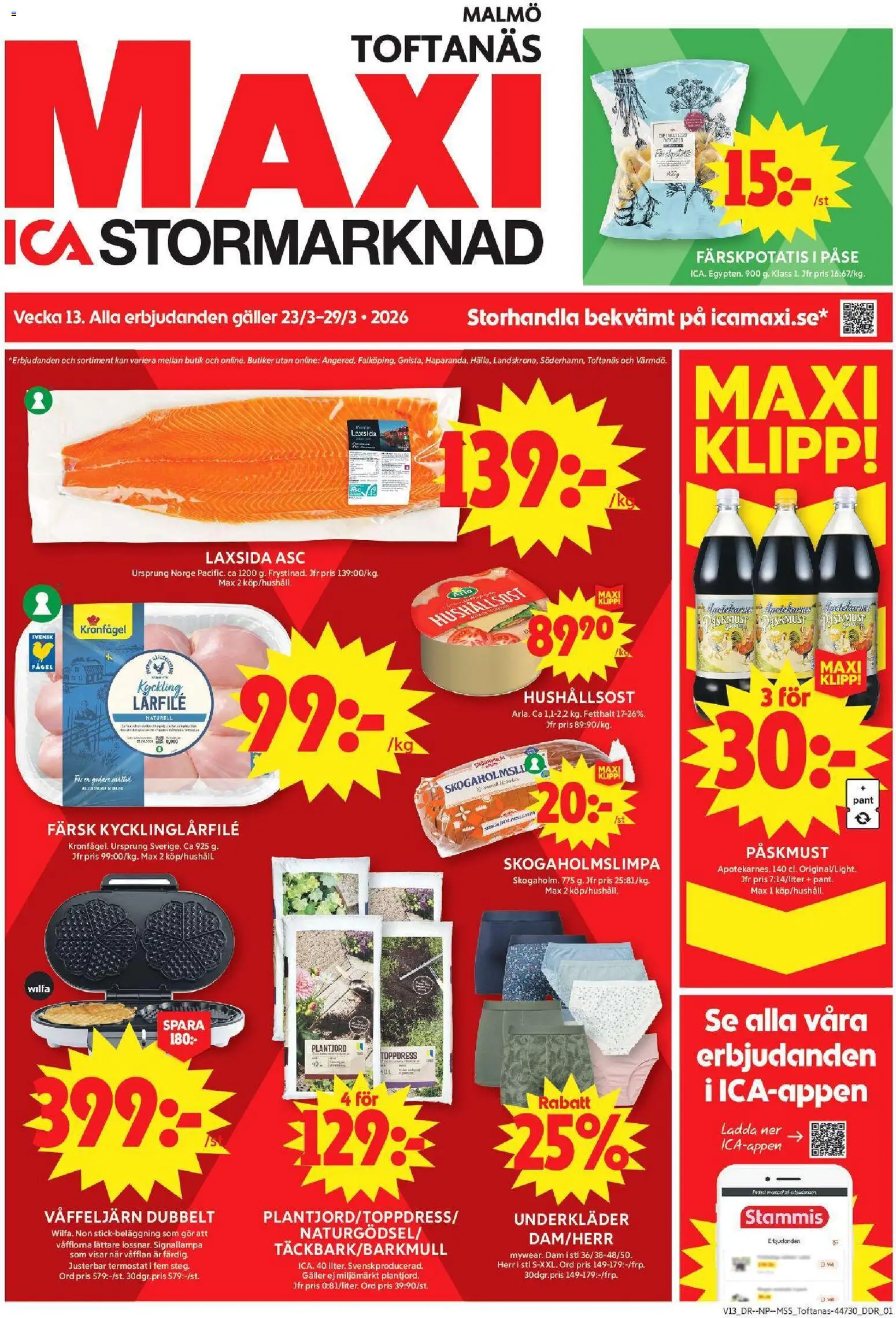 ICA Maxi reklamblad aktuell från 23.03.2026 | Sida: 1 | Produkter: Färskpotatis, Galler, Hushållsost, Underkläder