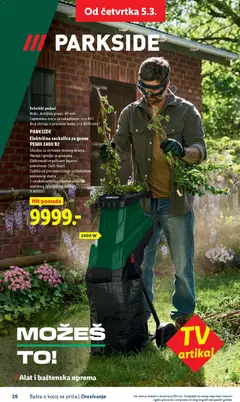 PARKSIDE Električna seckalica za grane PEMH 2400 B2, Idealna za seckanje sirovog drveta, žbunja i grmlja sa granama. Elektronski regulisano lagano pokretanje (Soft-Start). Zaštita od preopterećenja sa blokadom ponovnog starta. 2 visokokvalitetna okretna noža od ojačanog specijalnog čelika # 495950 - pregled Lidl kataloga - važi od 26.02.2026 | Strana: 26