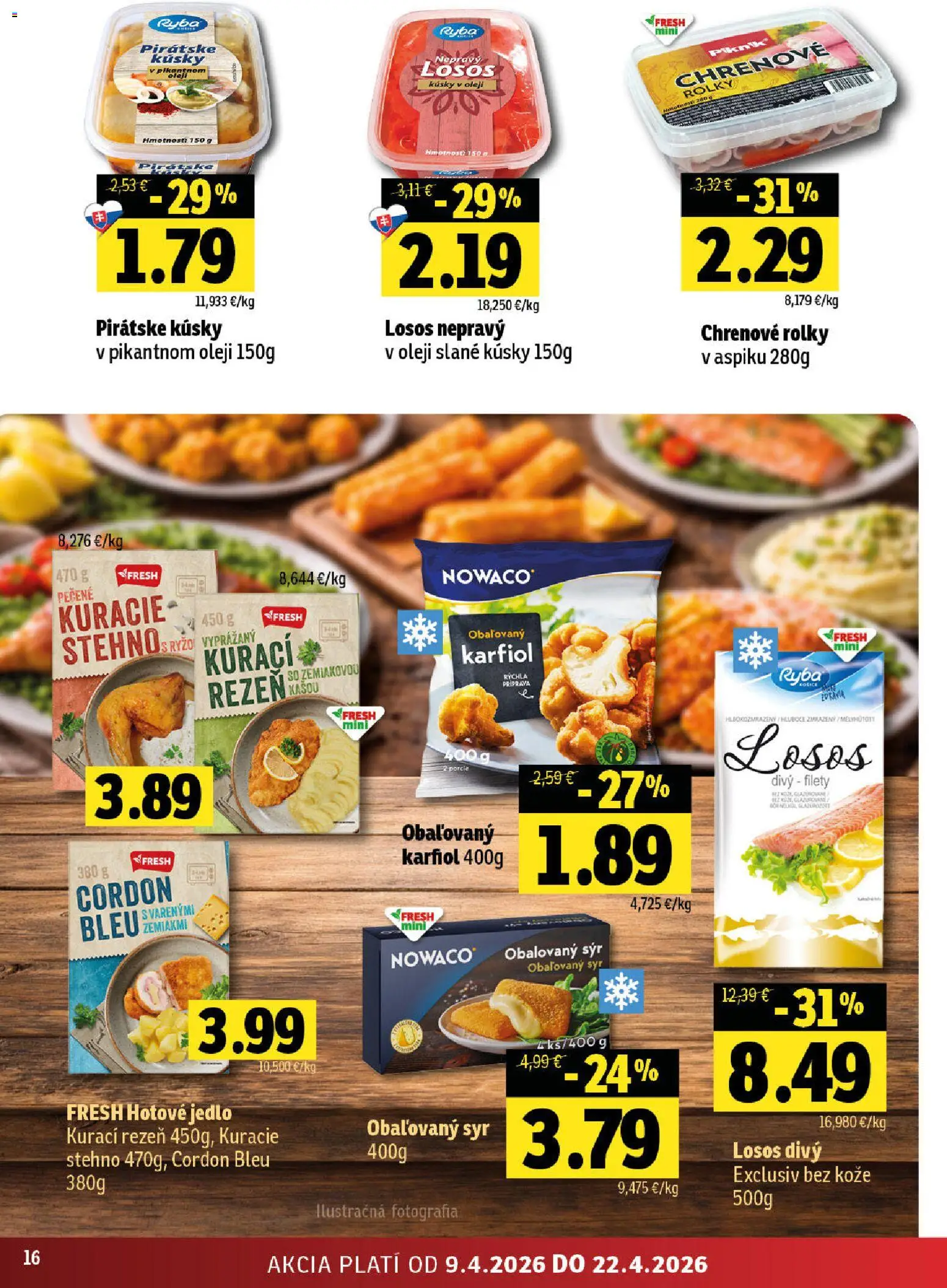 Nové Fresh akcie – leták je platný od 09.04.2026 | Strana: 16 | Produkty: Syr, Karfiol, Ryba, Losos