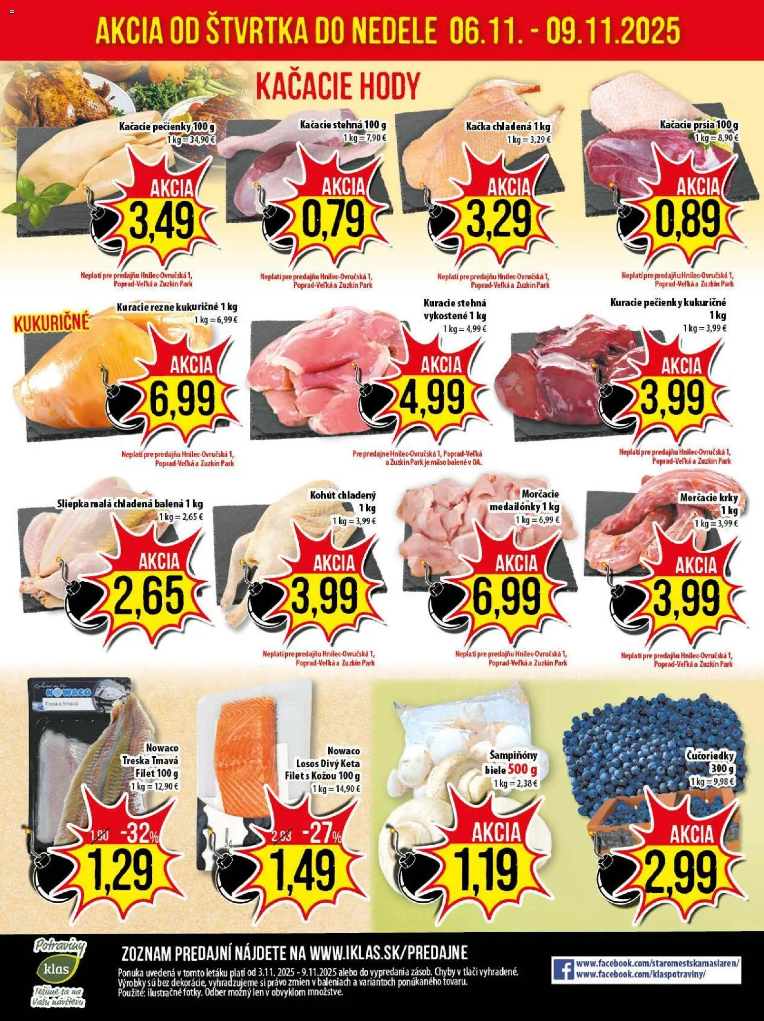Nové Klas akcie – leták je platný od 03.11.2025 | Strana: 25 | Produkty: Kuracie stehná, Čučoriedky, Kačka, Treska
