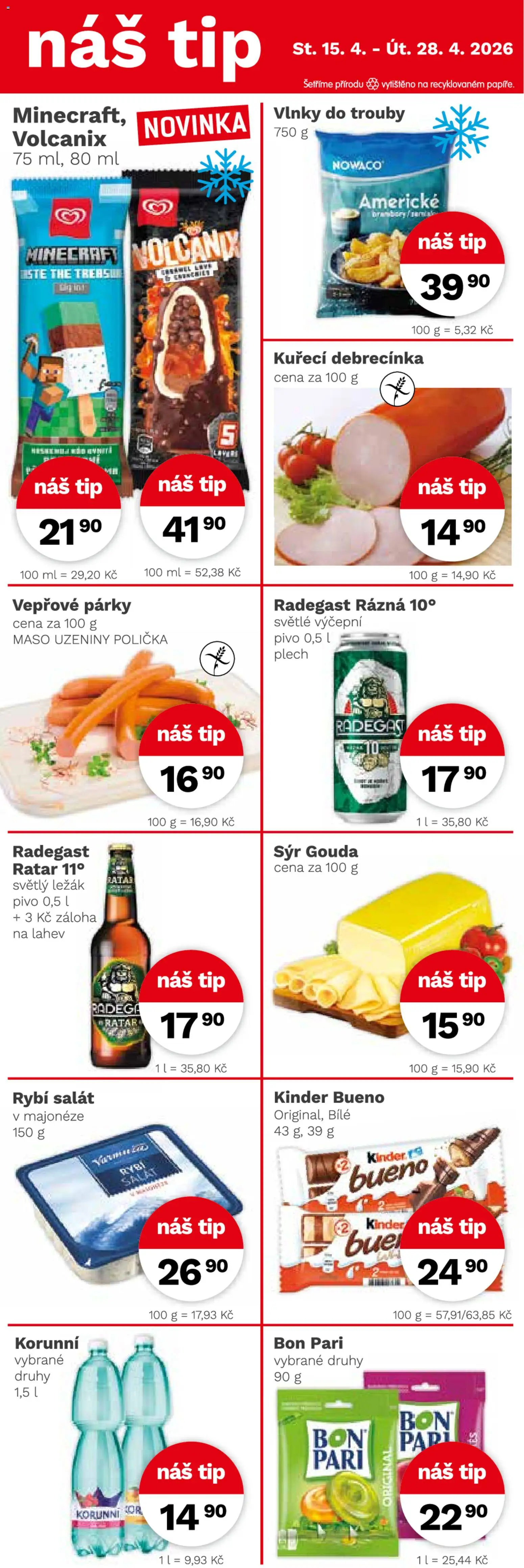 Konzum leták od 15.04.2026 | Strana: 4 | Produkty: Sýr Gouda, Pivo, Kuřecí debrecínka, Maso