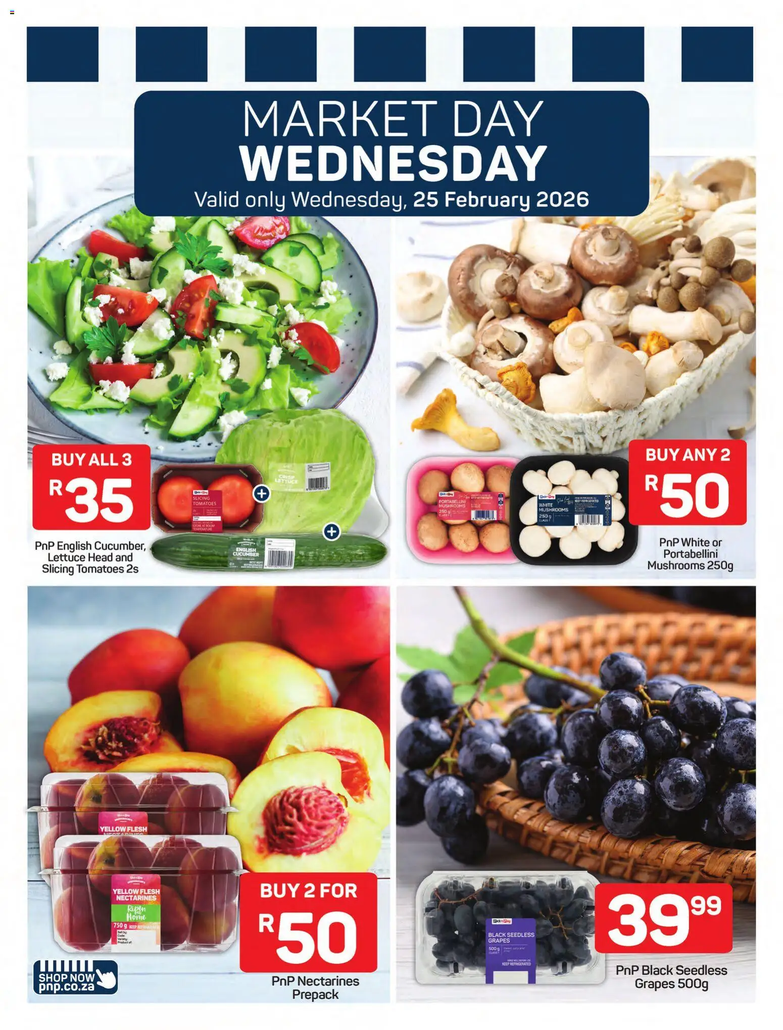 New Pick n Pay catalogue – valid from 23.02.2026 | Page: 4 | Products: Mushrooms, Tomatoes, Nectarines, Grapes