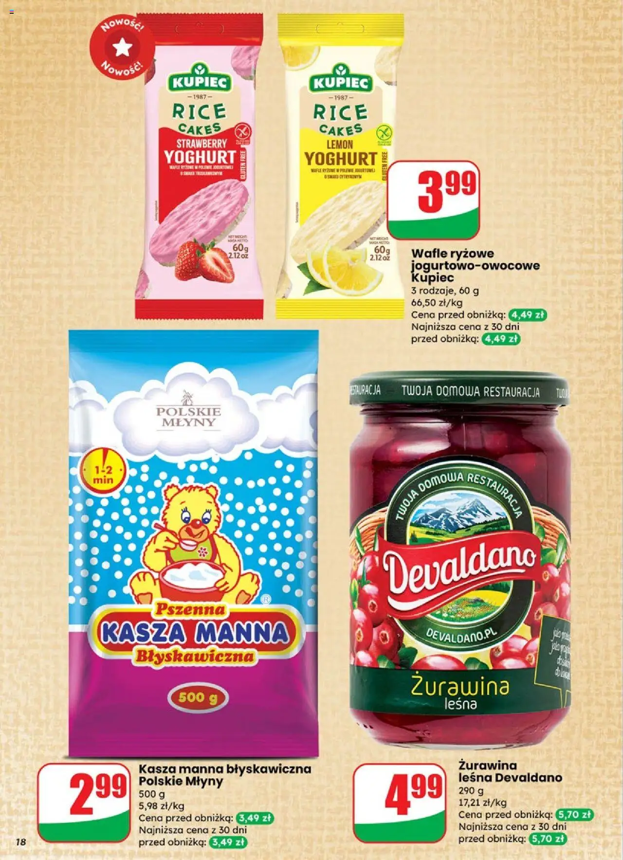 Dino Gazetka od 15.10.2025 | Strona: 18 | Produkty: Kasza, Wafle, Kasza manna, Żurawina