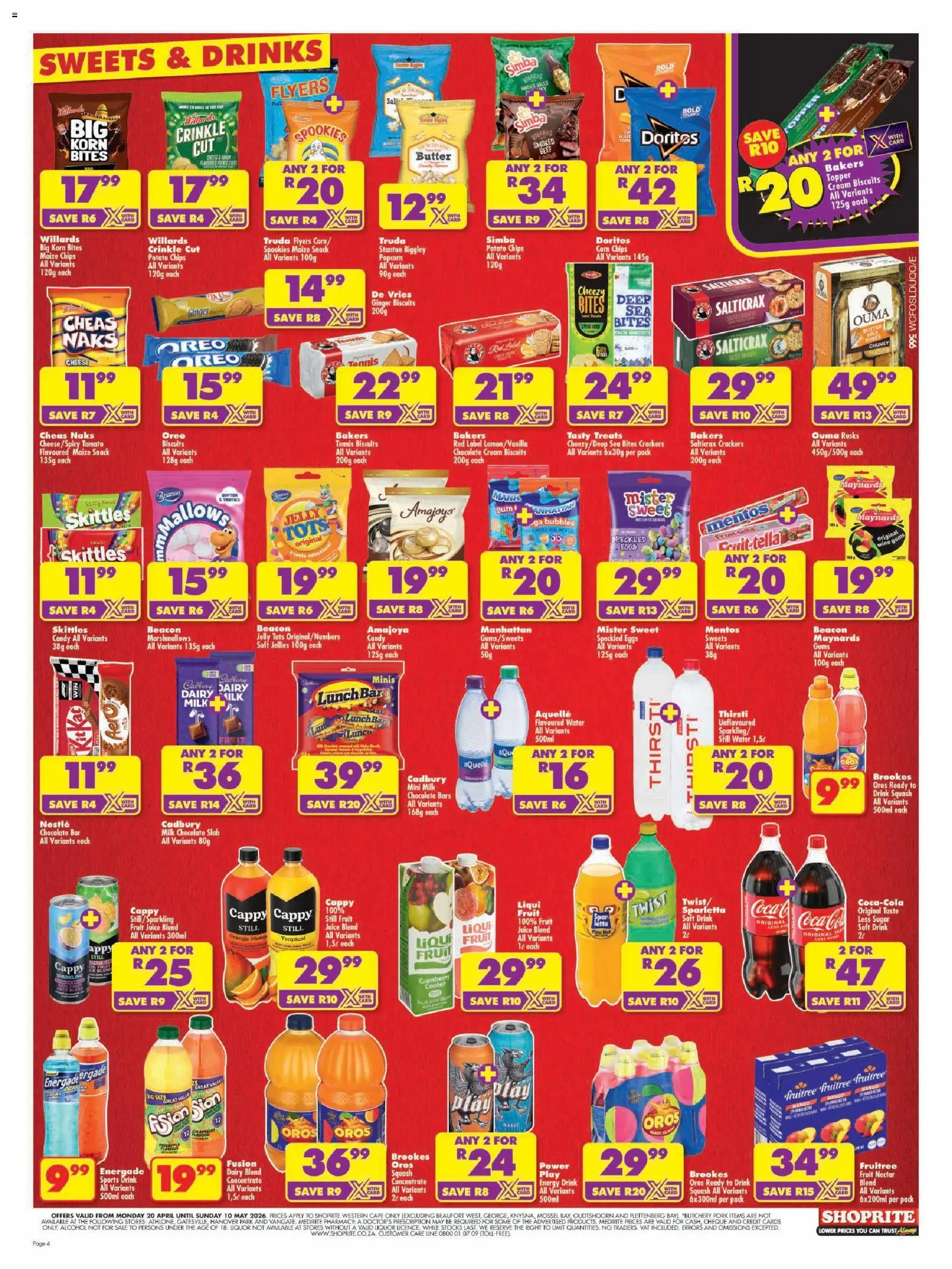 New Shoprite catalogue – valid from 20.04.2026 | Page: 4 | Products: Sweets, Cooler, Chocolate, Salt