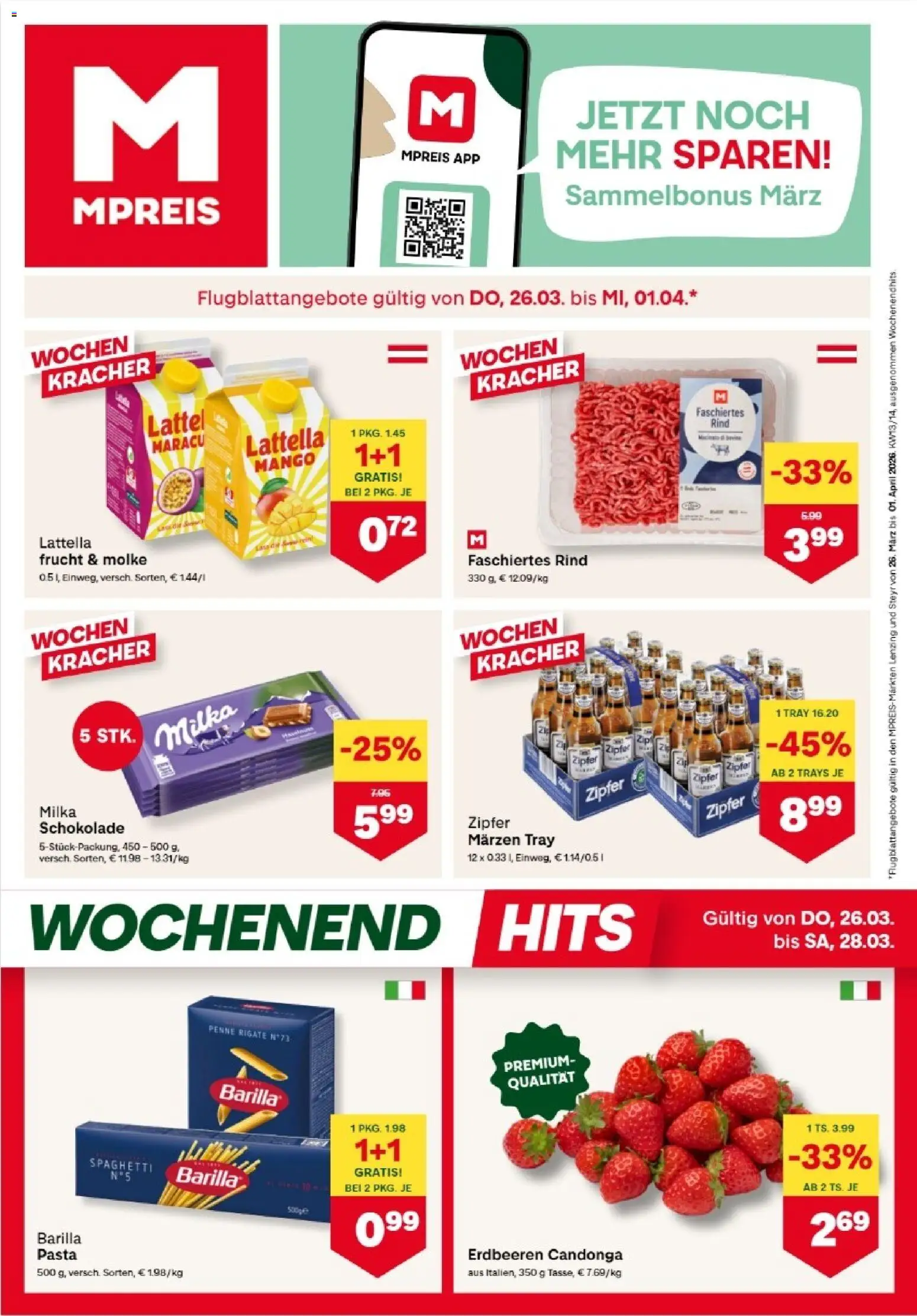 MPREIS Lenzing gültig ab 26.03.2026 | Seite: 1 | Produkte: Erdbeeren, Mango, Hajdina liszt, Schokolade