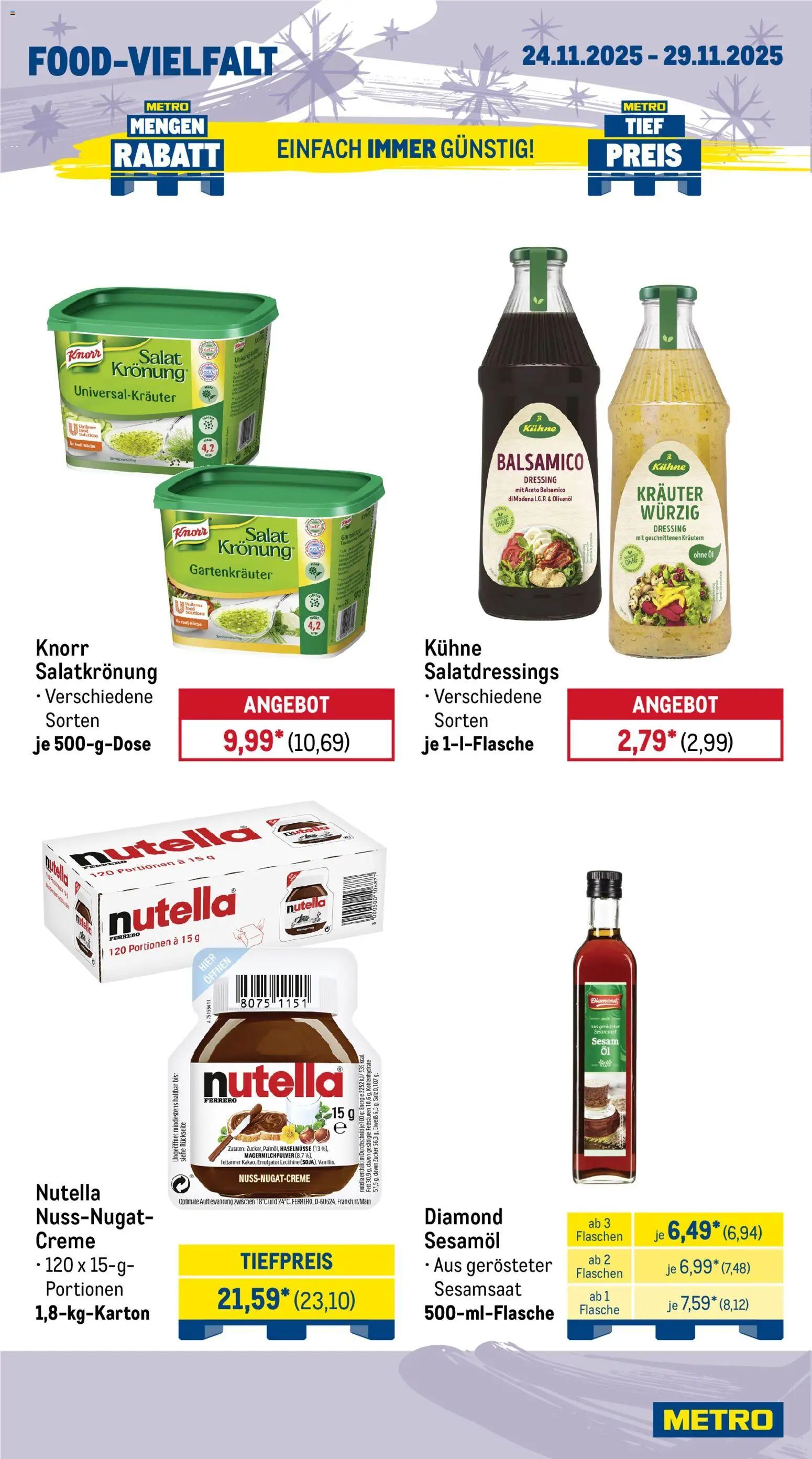 Metro Wochen-Angebote Gastro – gültig ab 24.11.2025 | Seite: 15 | Produkte: Balsamico, Nutella, Salz, Salat