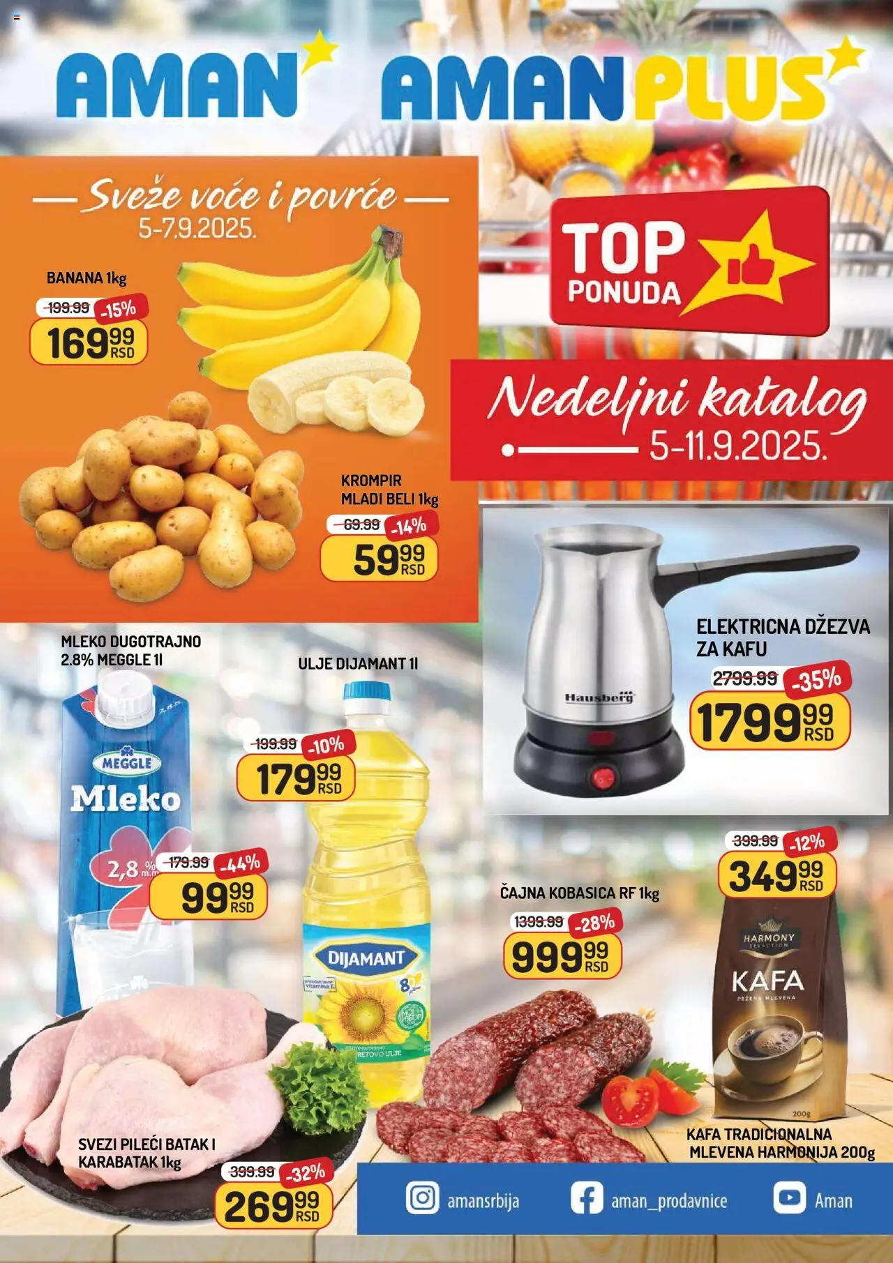 Aman katalog - važi od 05.09.2025 | Strana: 1 | Proizvode: Pileći batak, Ulje, Kafa, Kobasica