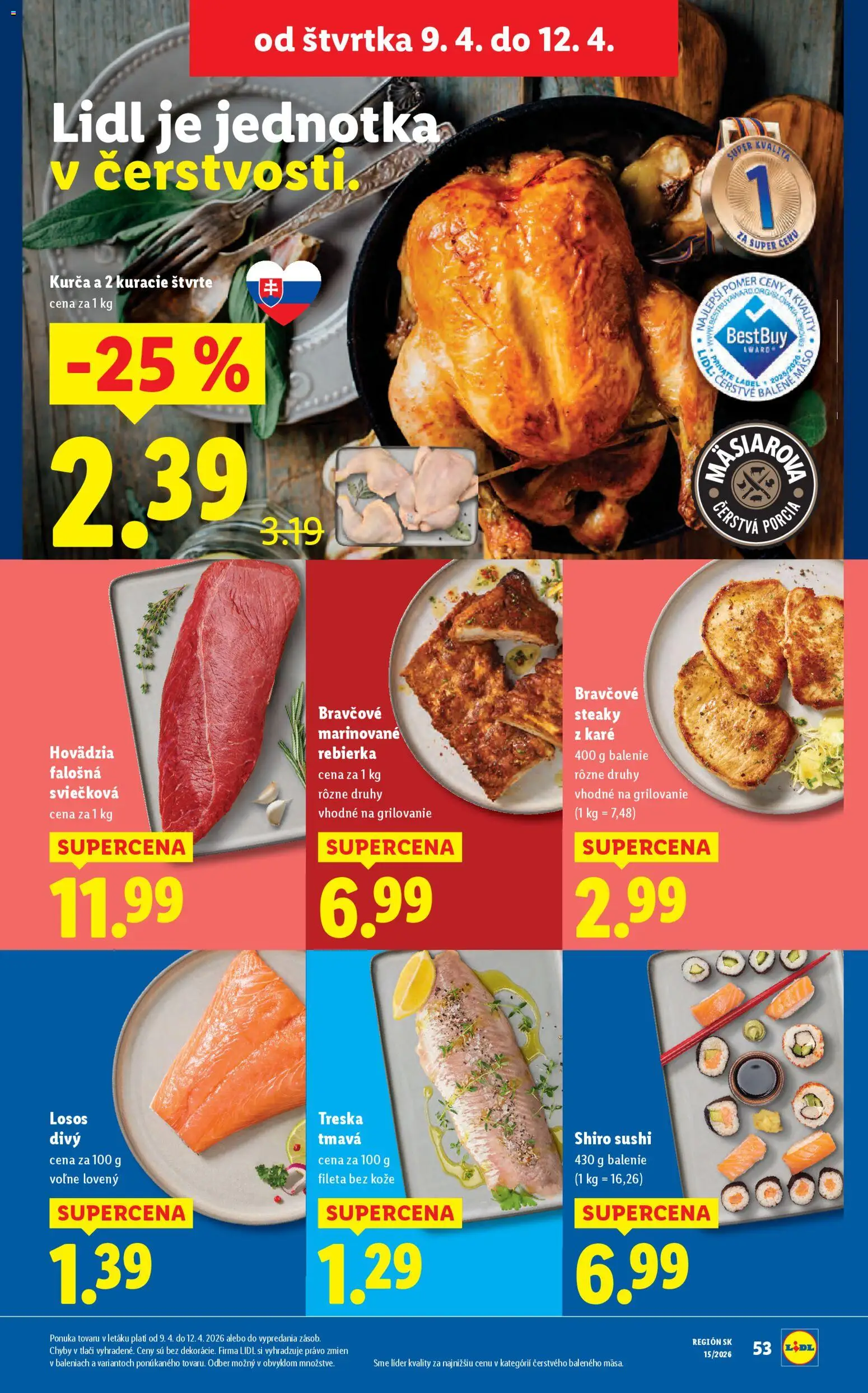 Nové Lidl akcie – leták je platný od 06.04.2026 | Strana: 53 | Produkty: Losos, Sushi, Kurča, Treska