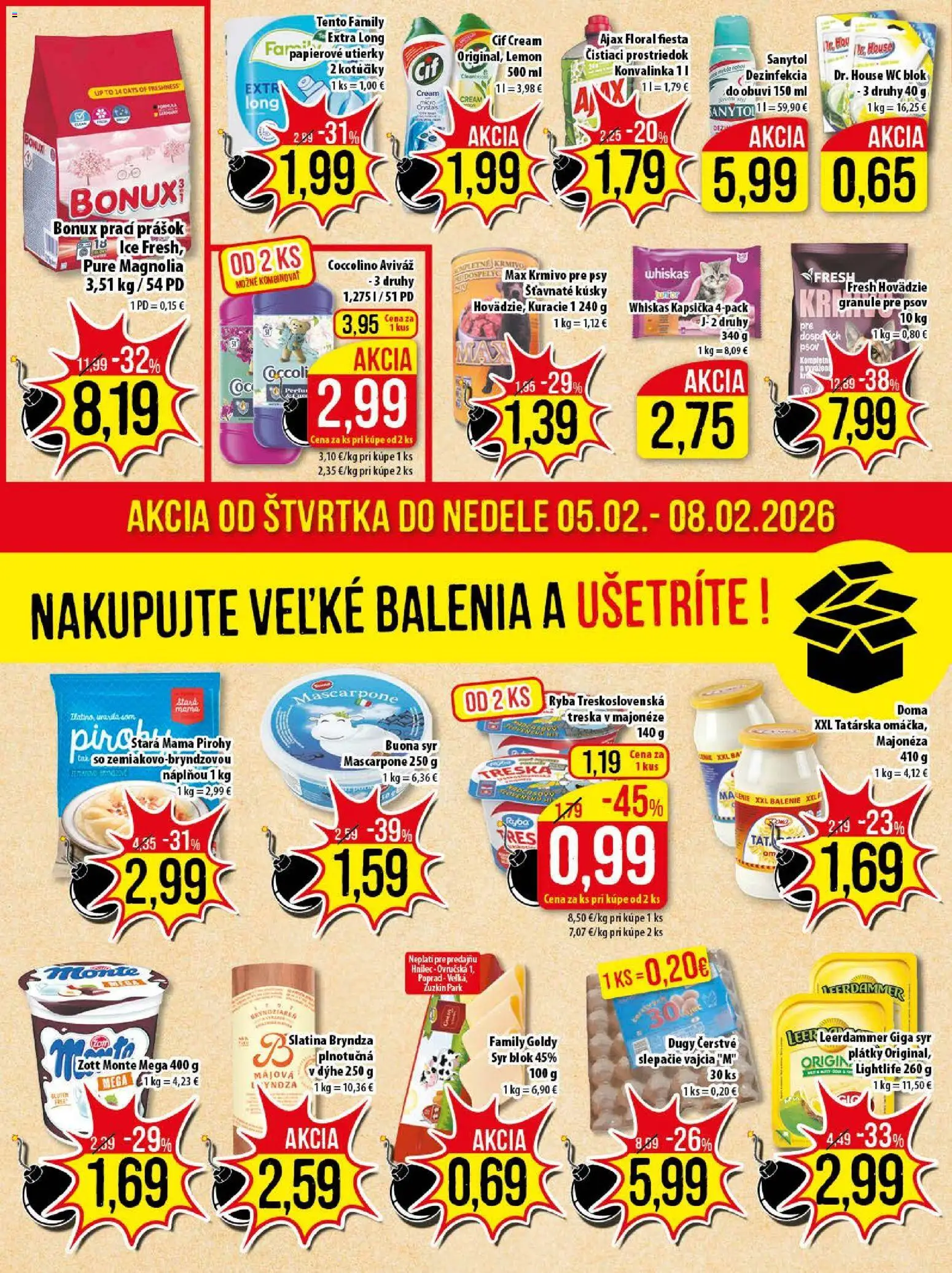Nové Klas akcie – leták je platný od 02.02.2026 | Strana: 23 | Produkty: Syr, Granule pre psov, Wc blok, Bonux