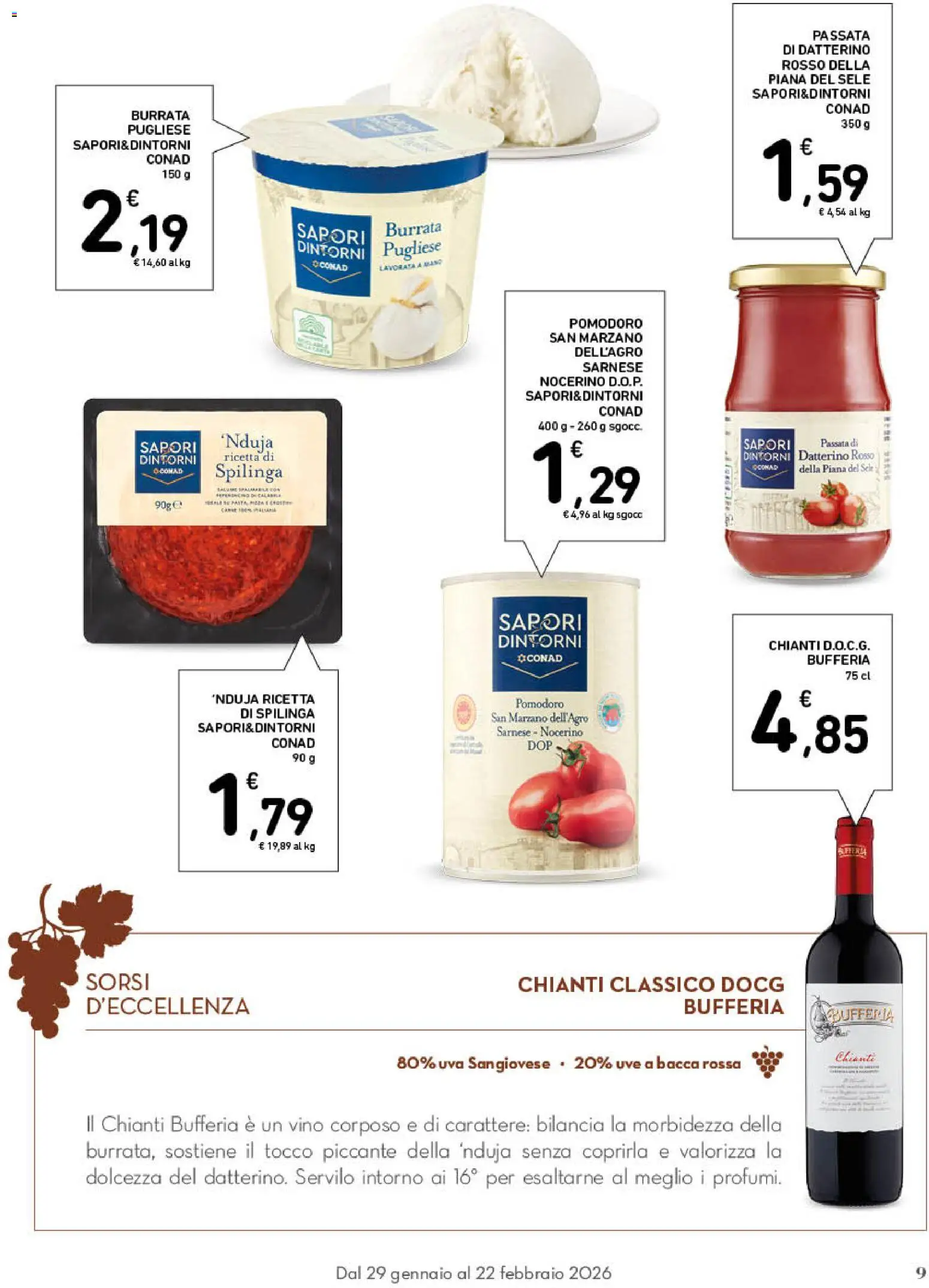 Volantino Conad del 29.01.2026 | Pagina: 9 | Prodotti: Pomodoro, Uva, Bilancia, Vaso