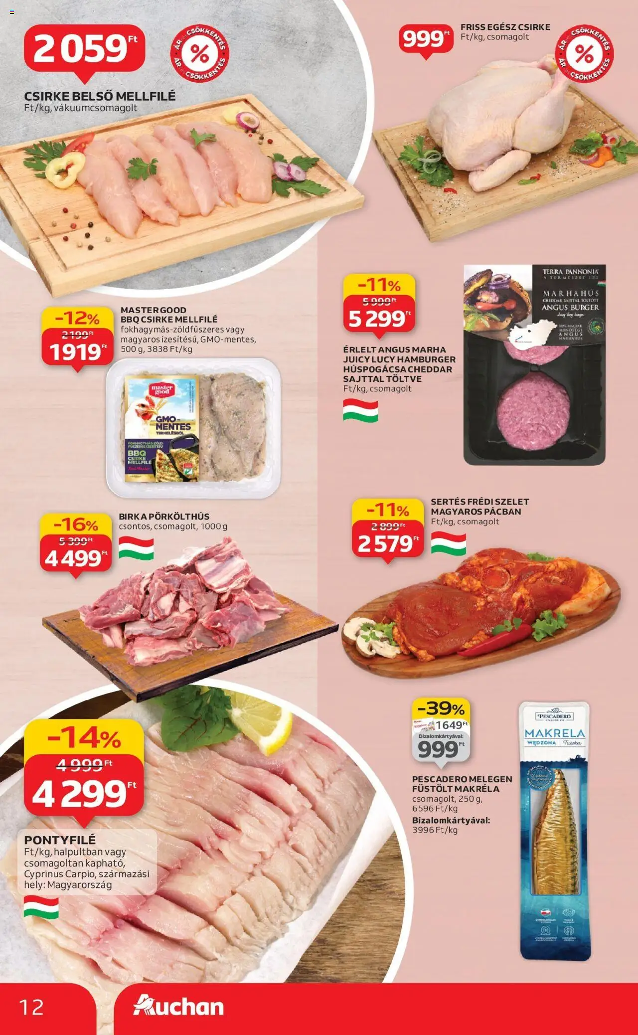 Auchan akciós ujság - amely érvényes a következő dátumtól: 04.09.2025 | Oldal: 12 | Termékek: Egész csirke, Makréla, Marhahús, Cheddar
