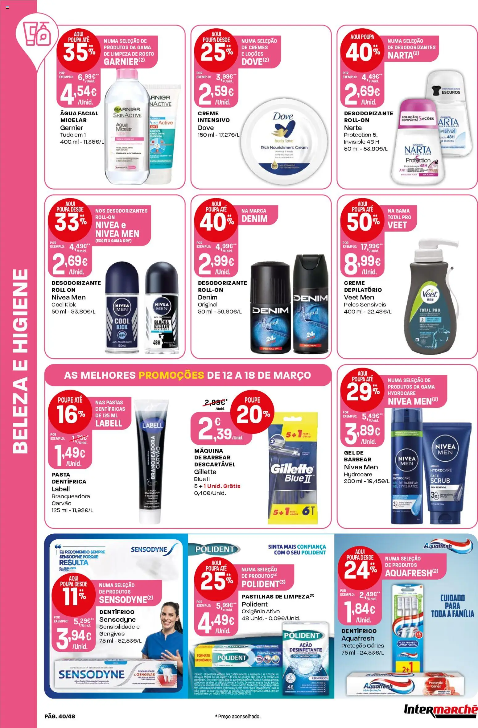 Intermarché folheto │ válido de 12.03.2026 | Página: 40 | Produtos: Agua, Rádio, Desodorizante, Creme