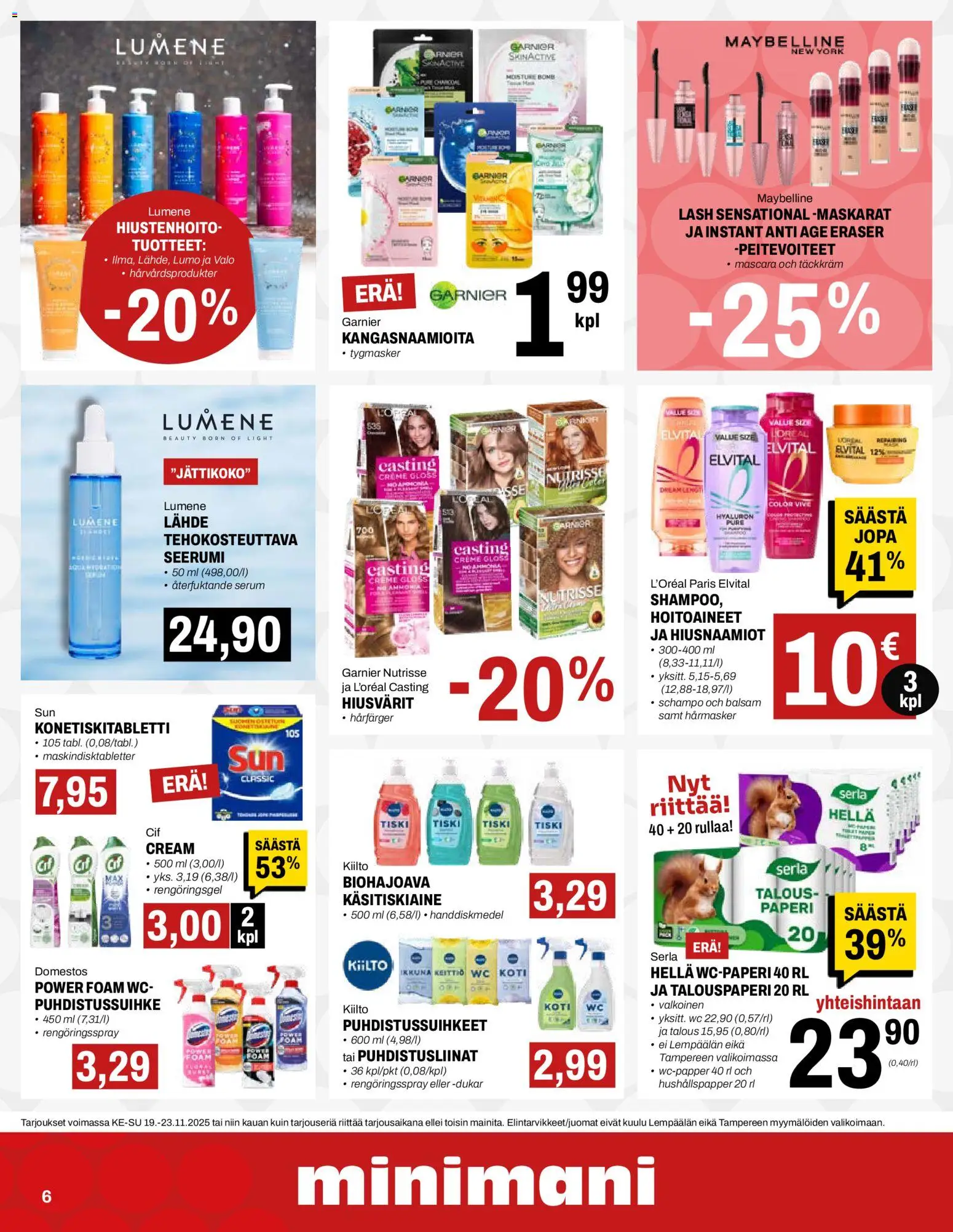 Minimani tarjoukset – voimassa 19.11.2025 alkaen | Sivu: 6 | Tuotteet: Puhdistusliinat, WC, Paperi, Puhdistussuihke