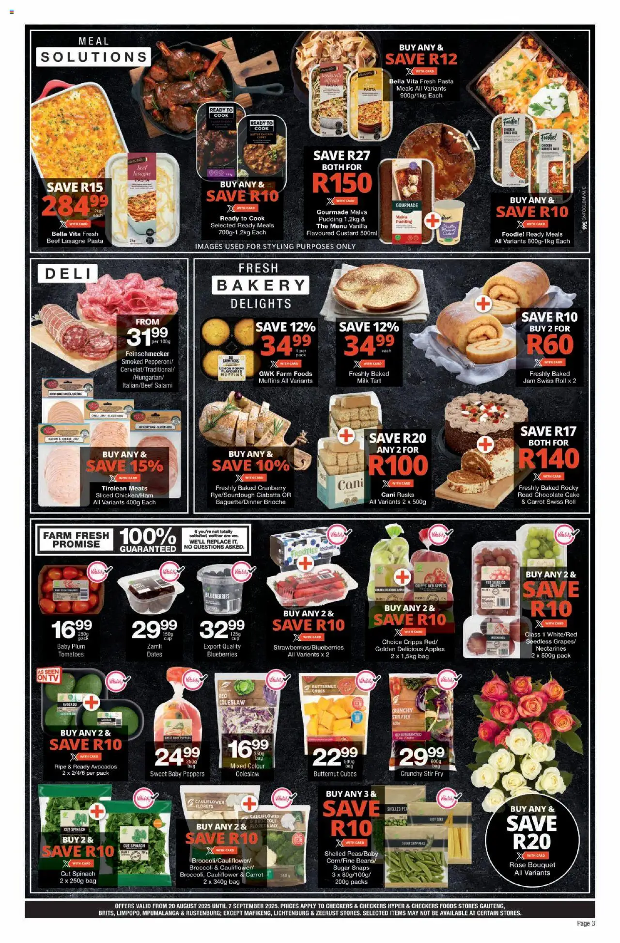 Checkers Gauteng - August Month-End Promotion │ valid from 20.08.2025 | Page: 3 | Products: Cake, Bakery, Beef, Pasta