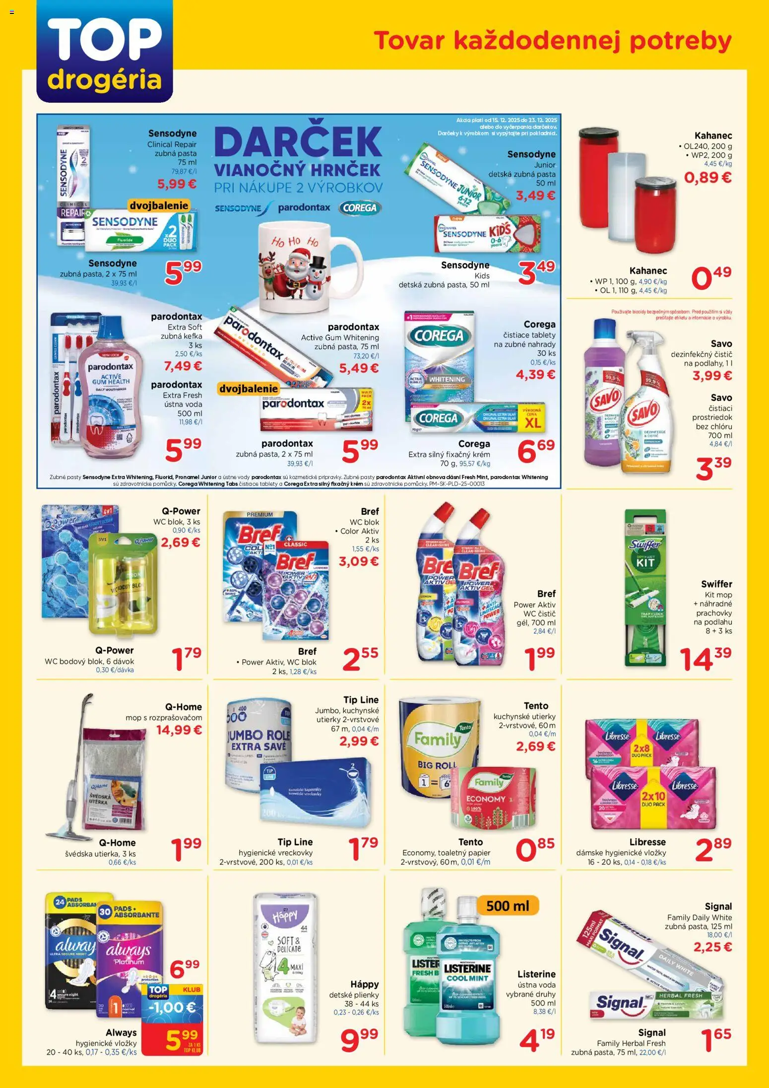 Nové TOP Drogéria akcie – leták je platný od 15.12.2025 | Strana: 2 | Produkty: Zubná kefka, Wc, Ústna voda, Plienky