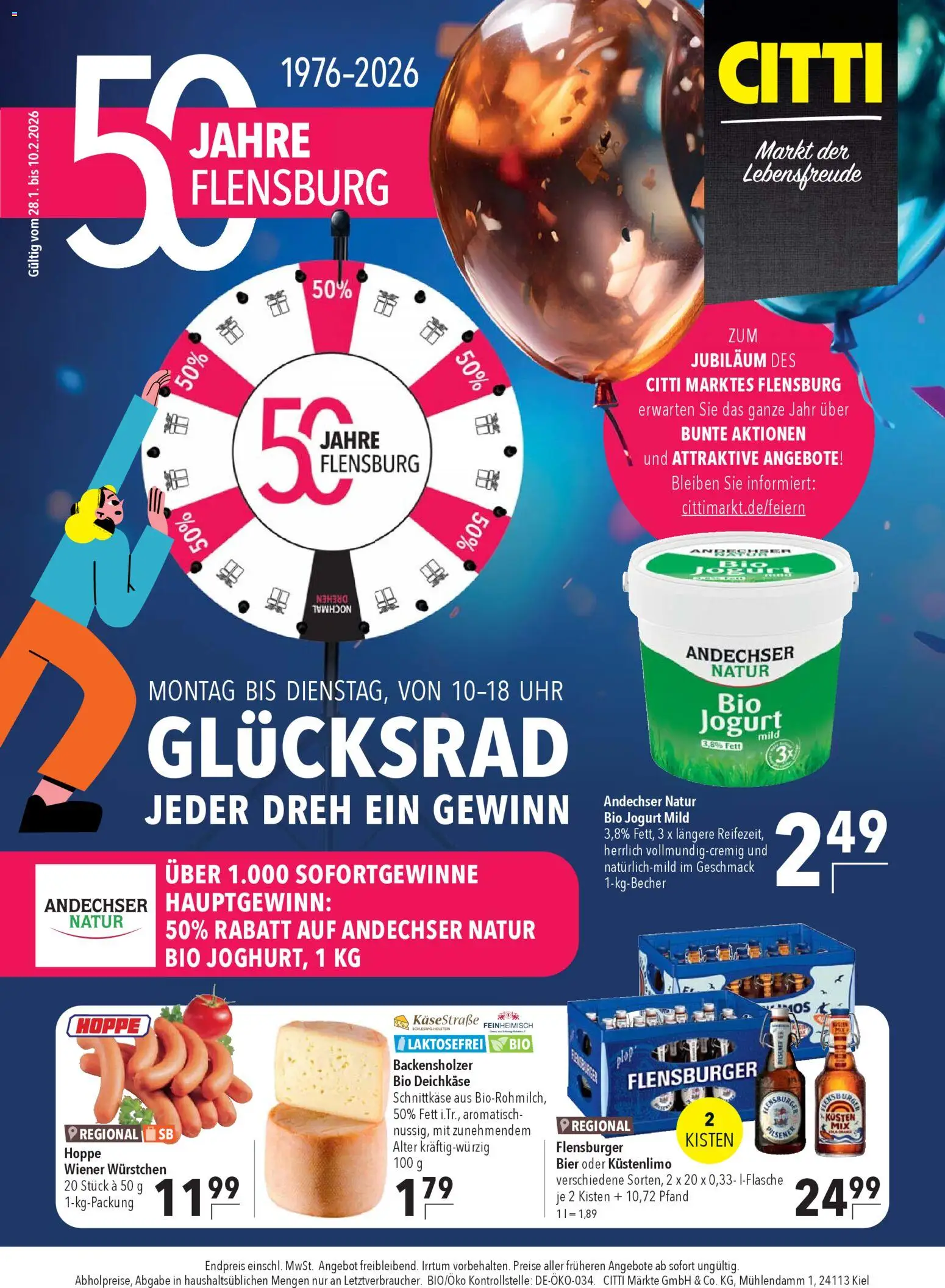 CITTI Markt 50 Jahre Flensburg – gültig ab 28.01.2026 | Seite: 1 | Produkte: Wiener wurstchen, Bier, Flensburger, Uhr