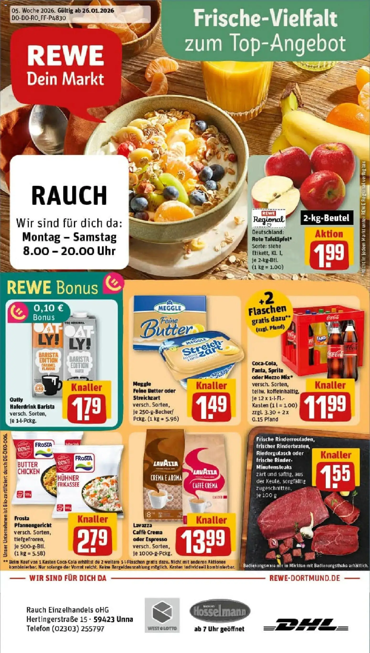 Rewe prospekt Unna	 – gültig ab 26.01.2026 | Seite: 1 | Produkte: Rindergulasch, Lavazza, Oatly, Uhr
