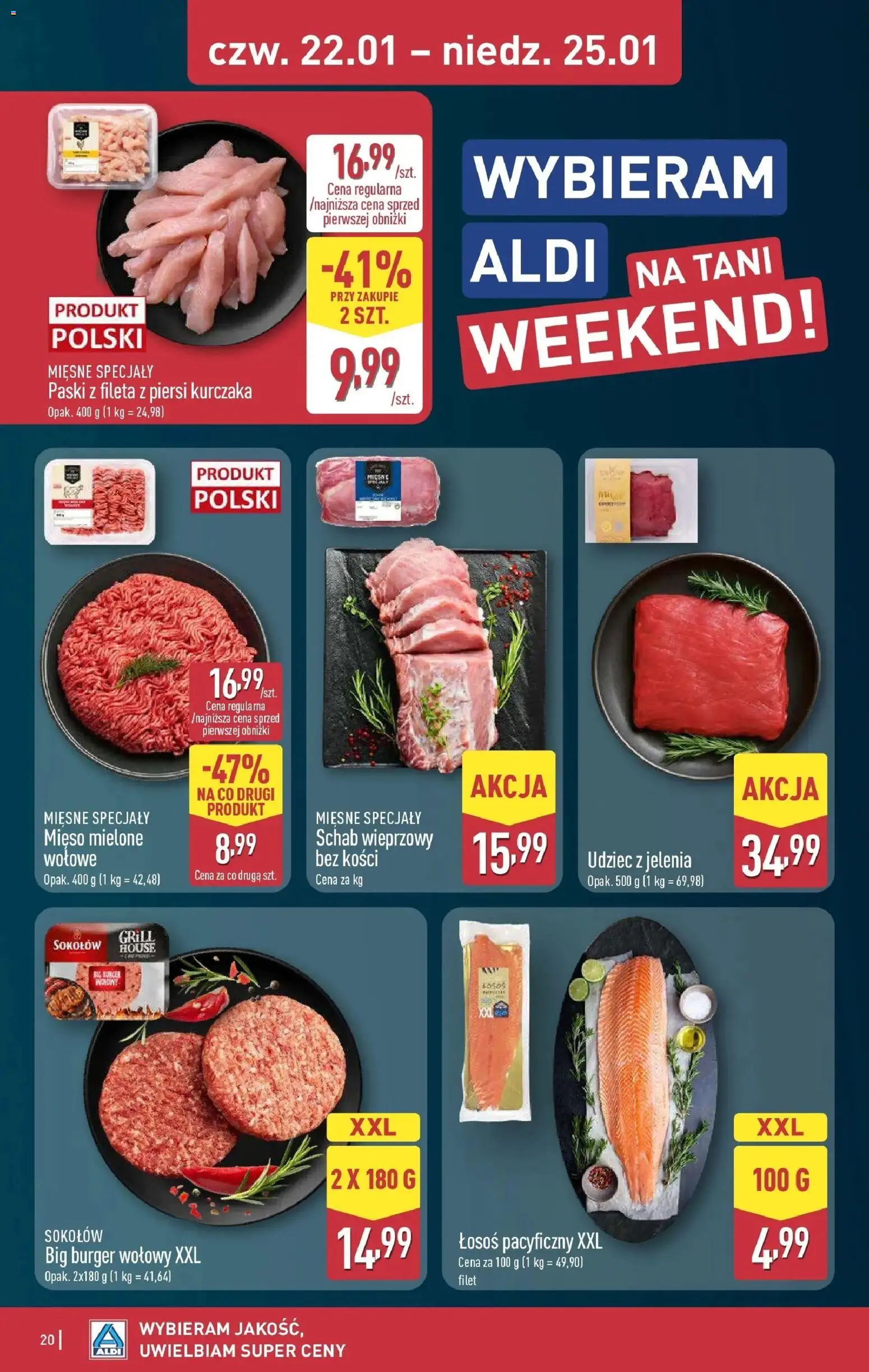 Aldi Gazetka od 19.01.2026 | Strona: 20 | Produkty: Burger wołowy, Piersi, Schab wieprzowy, Mięso mielone