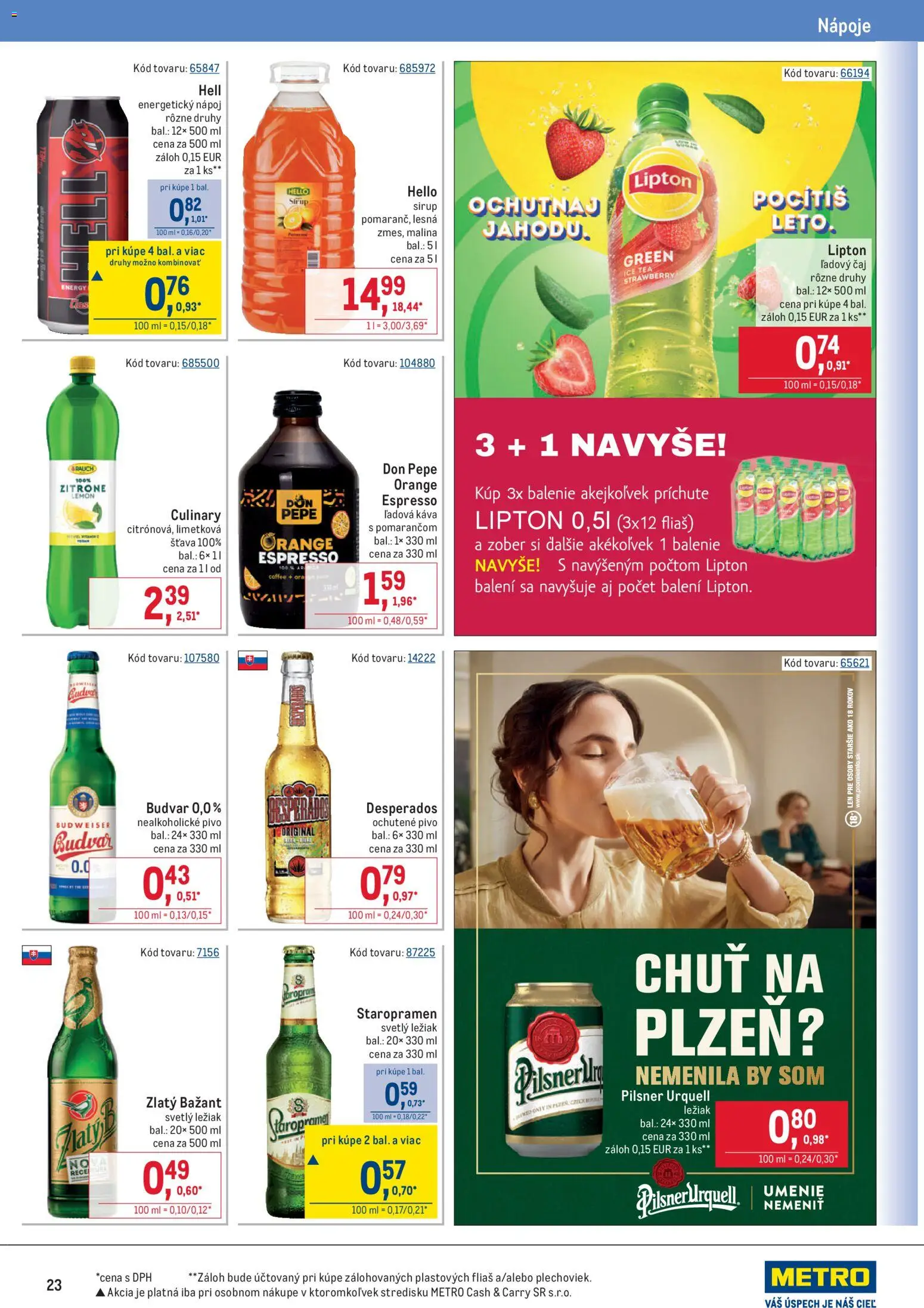Nové Metro akcie – leták je platný od 25.03.2026 | Strana: 23 | Produkty: Káva, Zlatý Bažant, Staropramen, Energetický nápoj