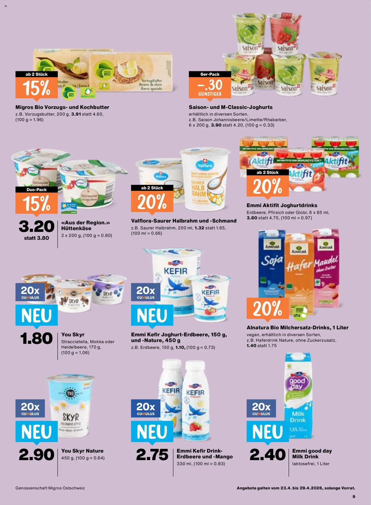 Migros aktionen – gültig ab 23.04.2026 | Seite: 9 | Produkte: Kefir, Butter, Hüttenkäse, Pfirsich
