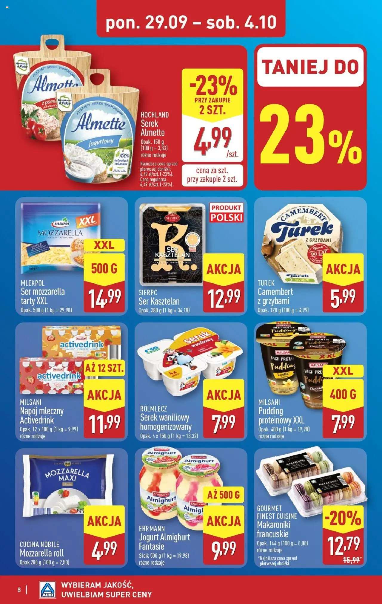 Aldi Gazetka od 29.09.2025 | Strona: 8 | Produkty: Ser mozzarella tarty, Ser, Jogurt, Mozzarella