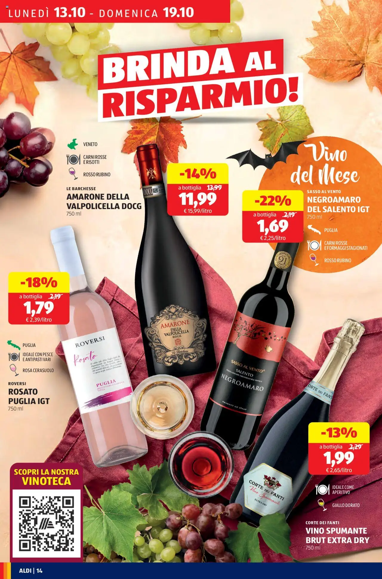 Volantino Aldi del 13.10.2025 | Pagina: 14 | Prodotti: Pesce, Vino, The, Spumante