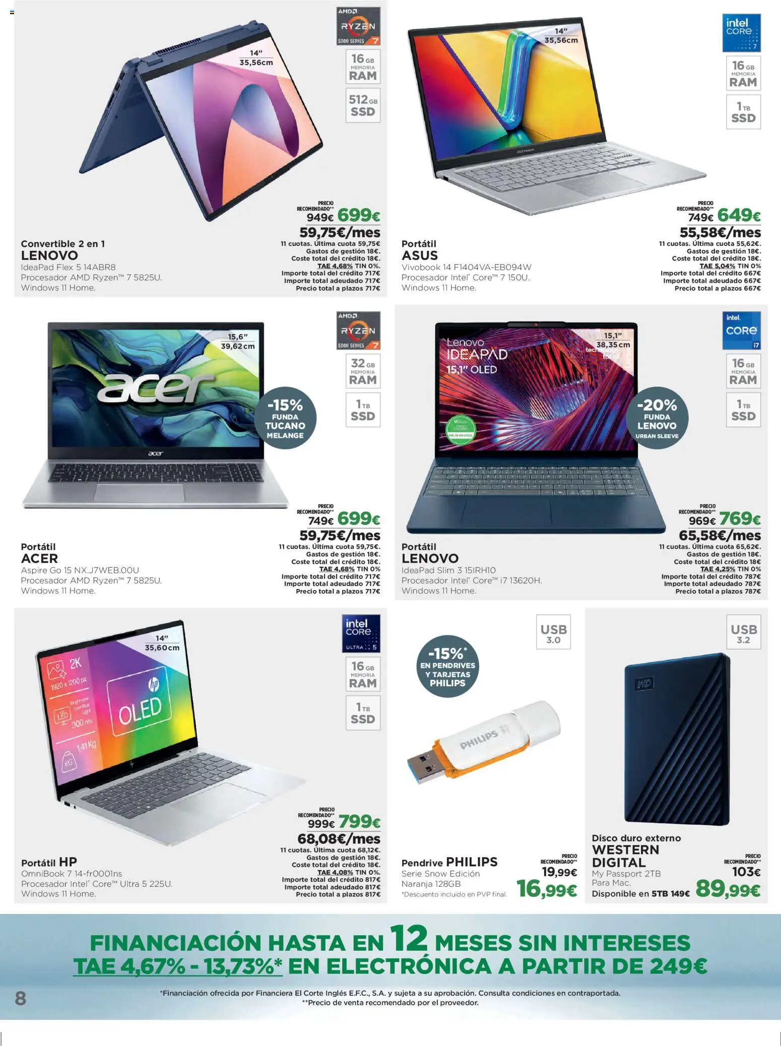 El Corte Inglés ofertas │ válido desde el 05.03.2026 | Página: 8 | Productos: Portátil HP, Disco, Funda