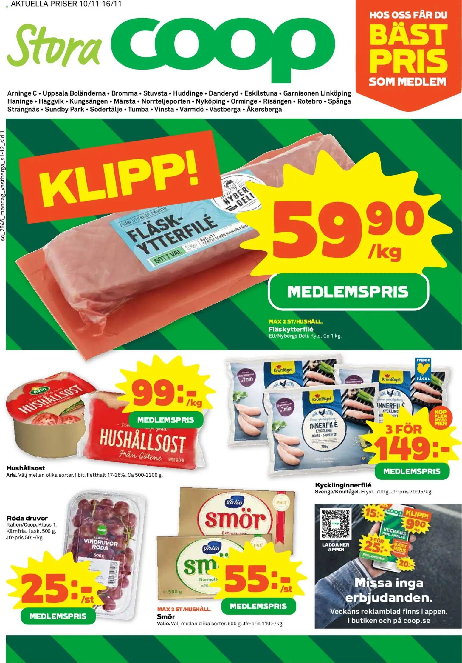 Coop Forum reklamblad aktuell från 10.11.2025 | Sida: 1 | Produkter: Vindruvor, Fläskytterfilé, Hushållsost, Fläsk