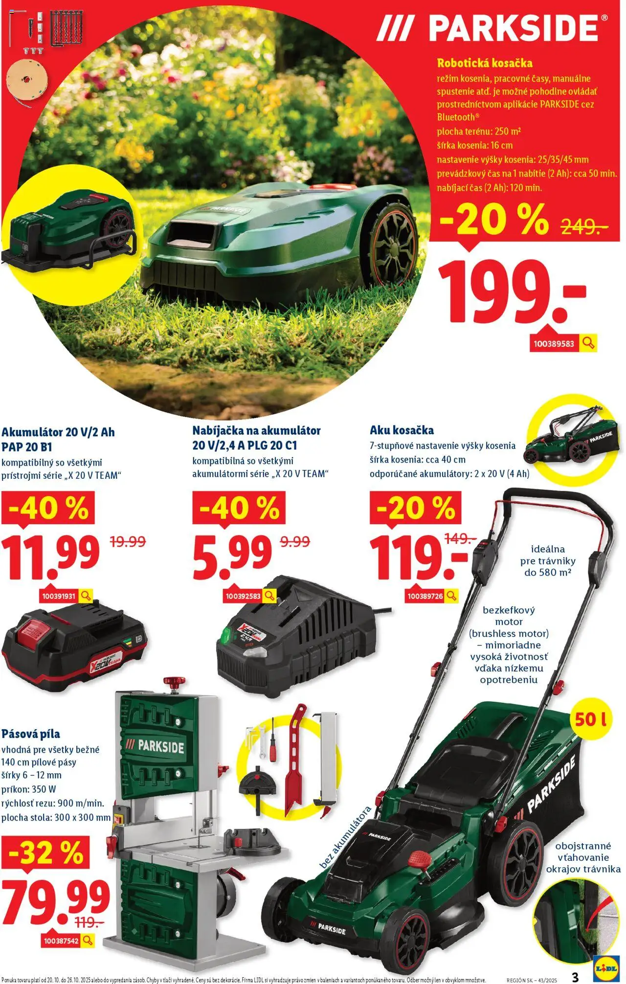Nové Lidl akcie – leták je platný od 20.10.2025 | Strana: 3 | Produkty: Robotická kosačka, Aku kosačka, Kosačka, Pásová píla