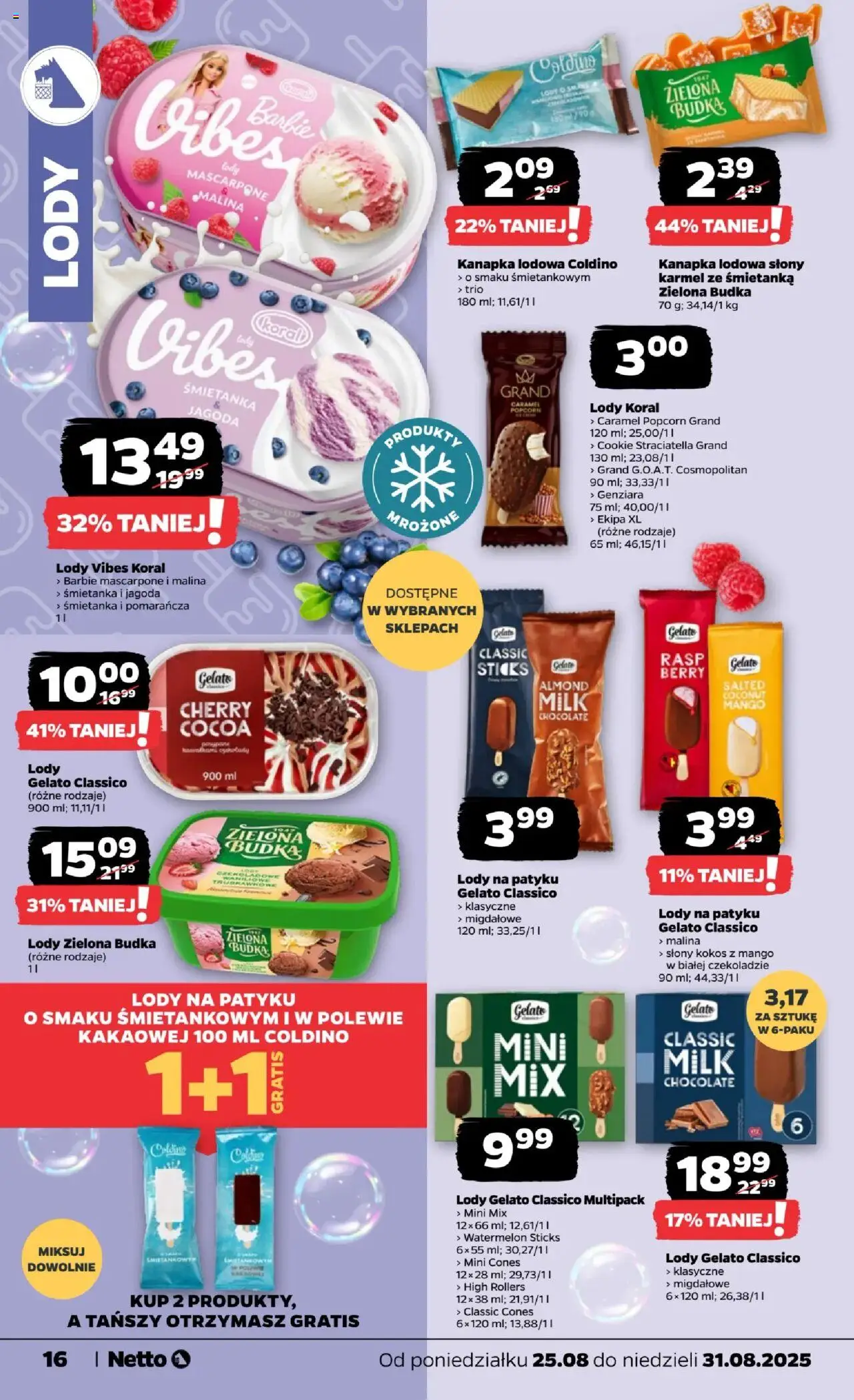 Netto gazetka - Spożywcza od 25.08.2025 | Strona: 16 | Produkty: Lody na patyku, Mascarpone, Lody koral, Lody