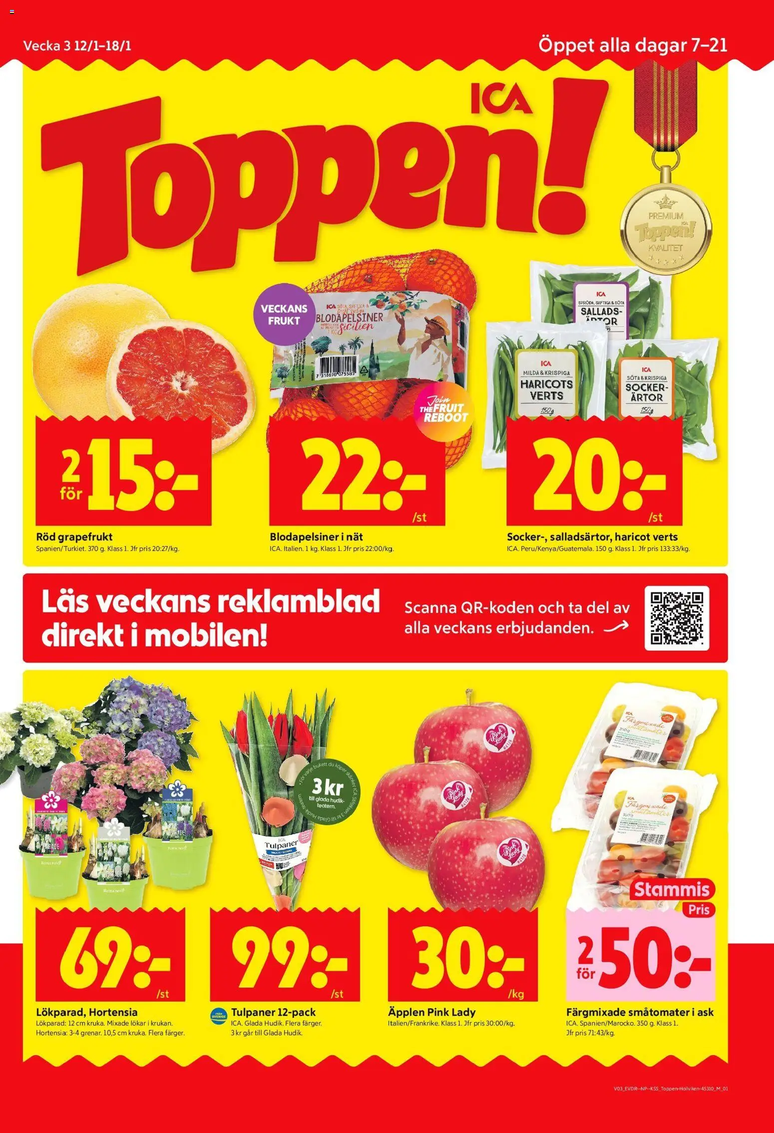 ICA Kvantum reklamblad aktuell från 12.01.2026 | Sida: 1 | Produkter: Äpplen, Grapefrukt, Ärtor