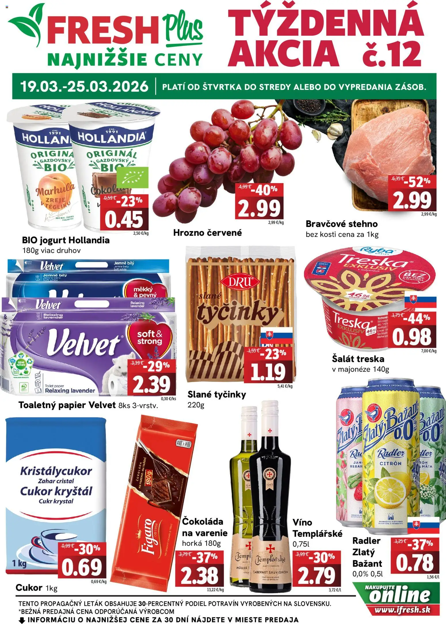 Nové Fresh akcie – leták je platný od 19.03.2026 | Strana: 1 | Produkty: Víno, Bravčové stehno, Toaletný papier, Čokoláda