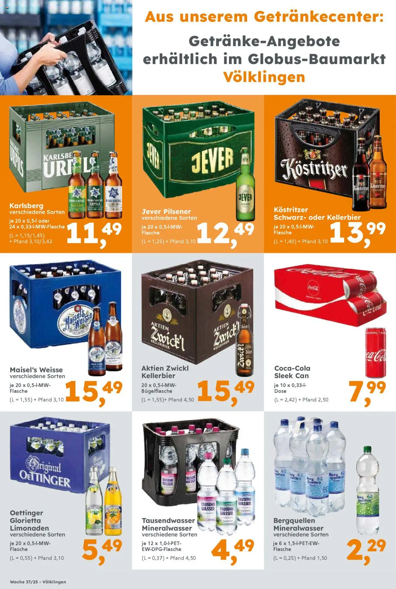 Globus Baumarkt Prospekt Saarland – gültig ab 08.09.2025 | Seite: 8 | Produkte: Mineralwasser, Radler, Wasser, Jever