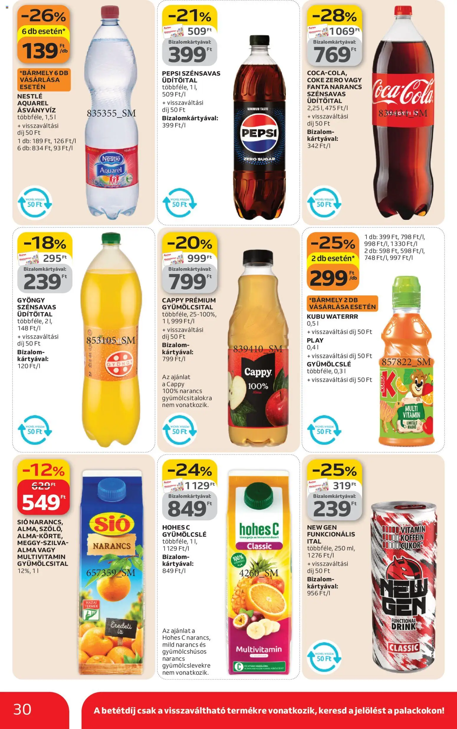 Auchan akciós ujság - amely érvényes a következő dátumtól: 19.02.2026 | Oldal: 30 | Termékek: Gyümölcsital, Pepsi, Fanta, Hohes c