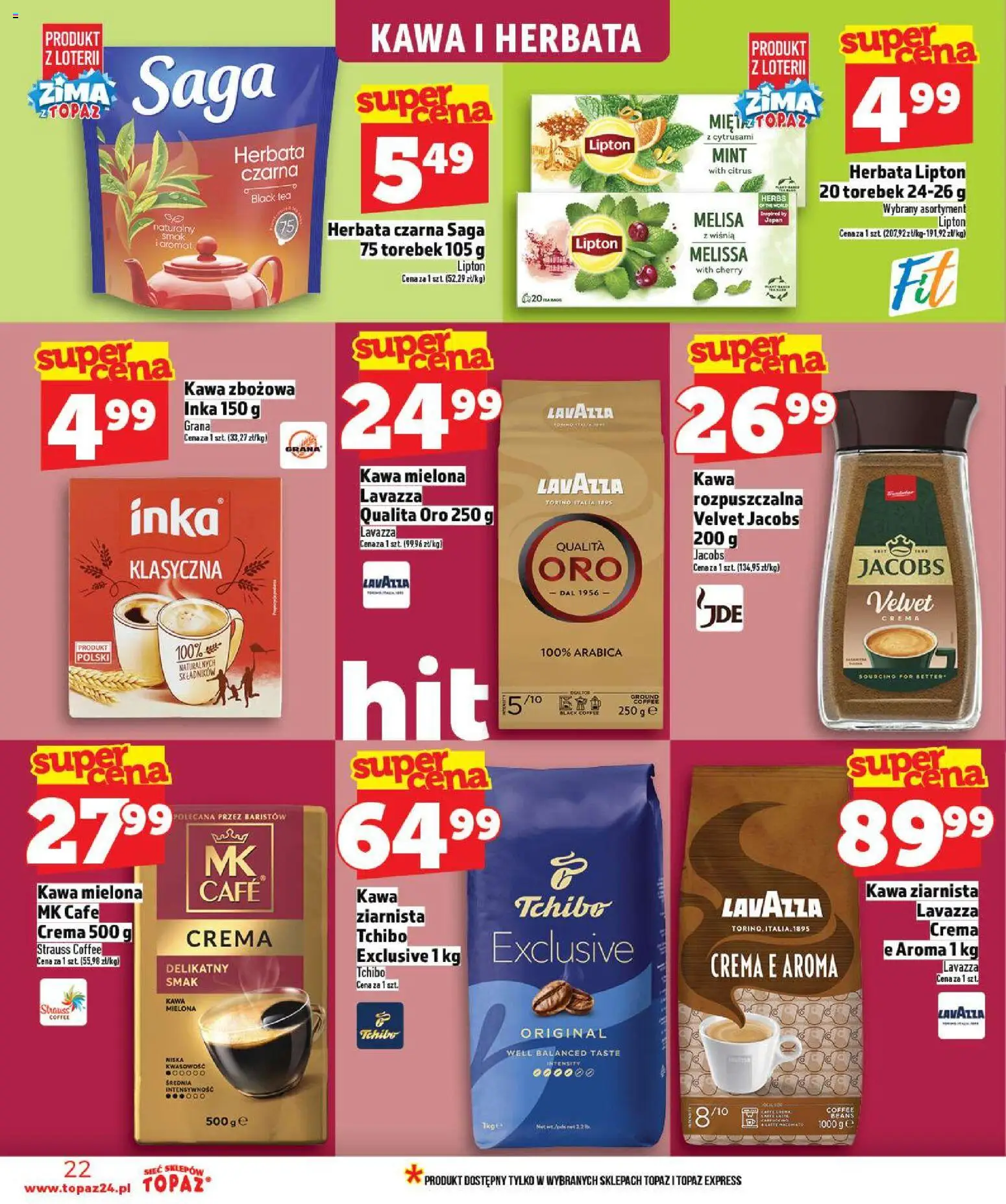 Topaz Gazetka - Ceny małe na stałe od 02.01.2026 | Strona: 22 | Produkty: Lavazza crema, Kawa ziarnista, Tchibo, Kawa