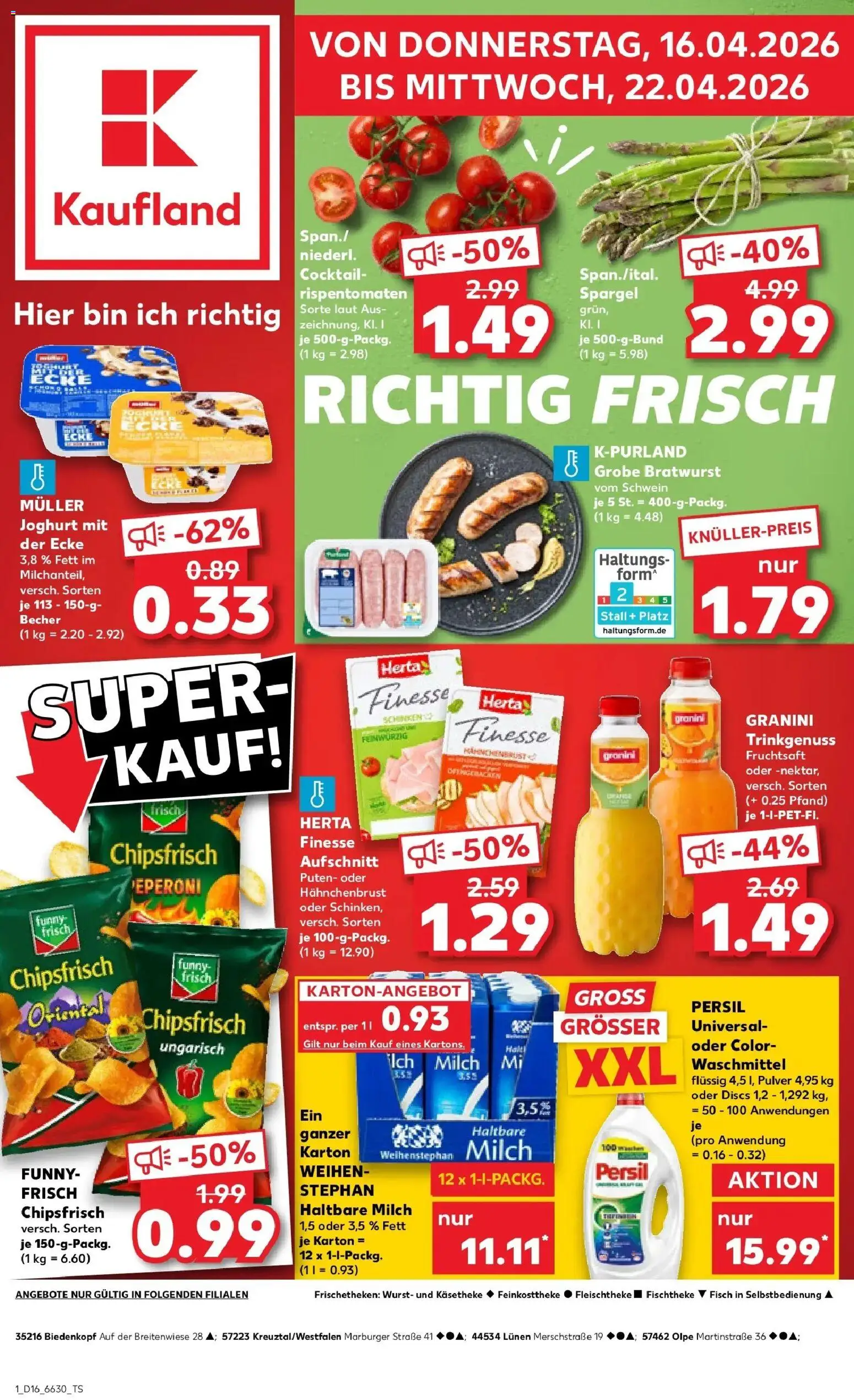 Kaufland Prospekt Kreuztal	 – gültig ab 16.04.2026 | Seite: 1 | Produkte: Spargel, Schinken, Chips, Fruchtsaft
